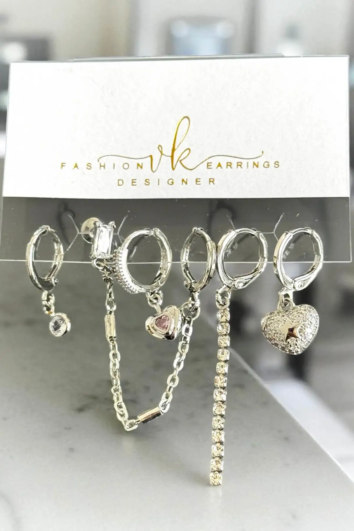 6lı Gümüş Renk Taş Detaylı Küpe Set