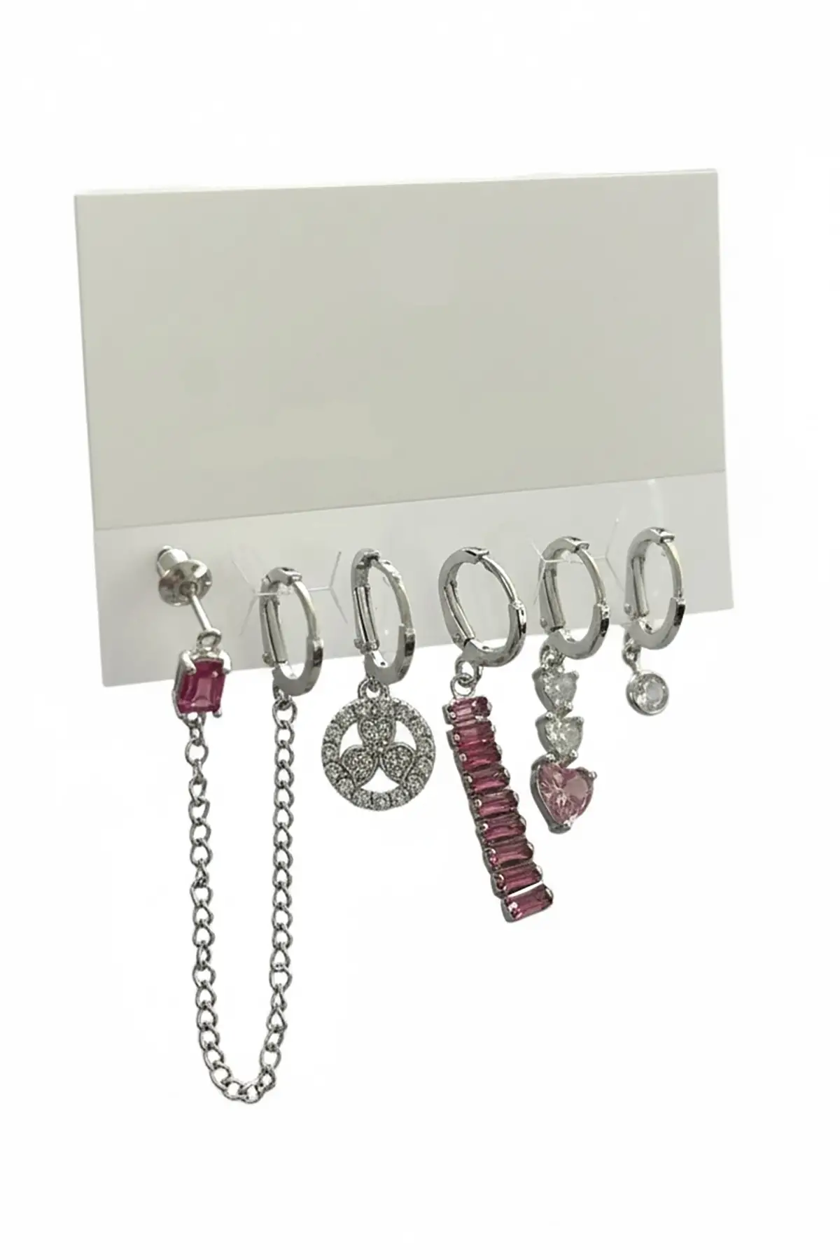 6lı Gümüş Renk Taş Detaylı Küpe Set