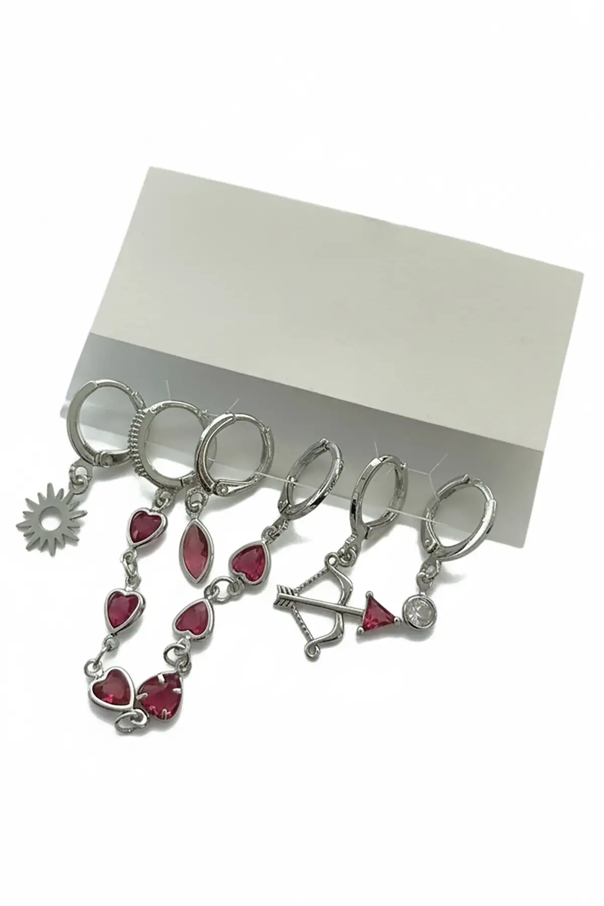 6lı Gümüş Renk Taş Detaylı Küpe Set