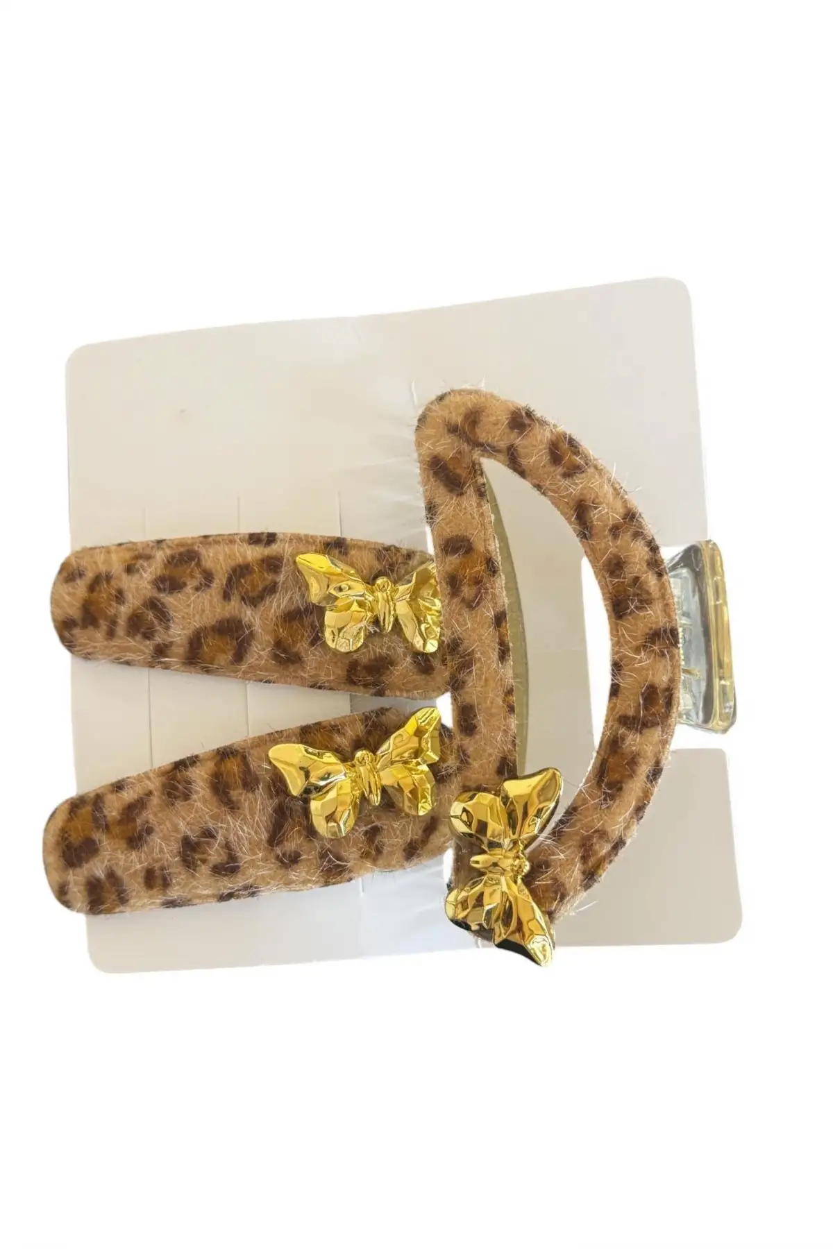 Açık Kahve Renk Kelebek Figürlü Leopar Desenli Mandal Toka Ve Yan Toka Set