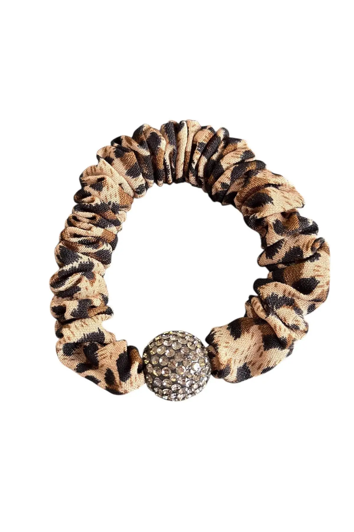 Açık Kahverengi Leopar Detaylı Taşlı Lastik Toka