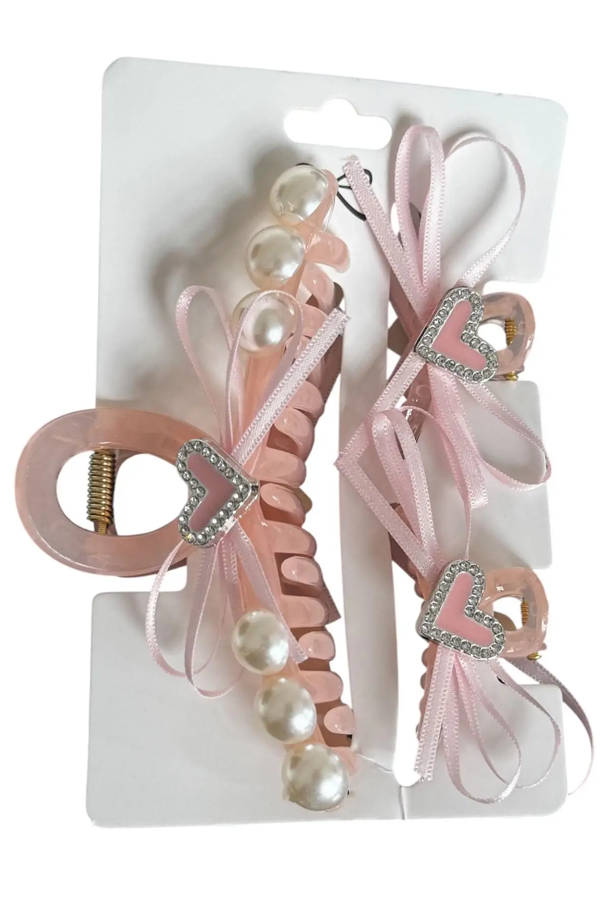 Açık Pembe Renk Kalp Figürlü İnci Detaylı 3lü Mandal Toka Set