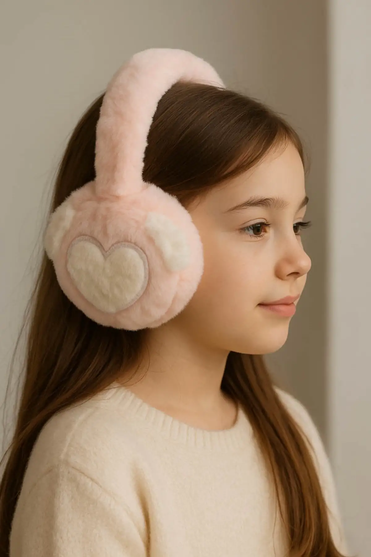 Açık Pembe Renk Kalp Figürlü Peluş Kulaklık