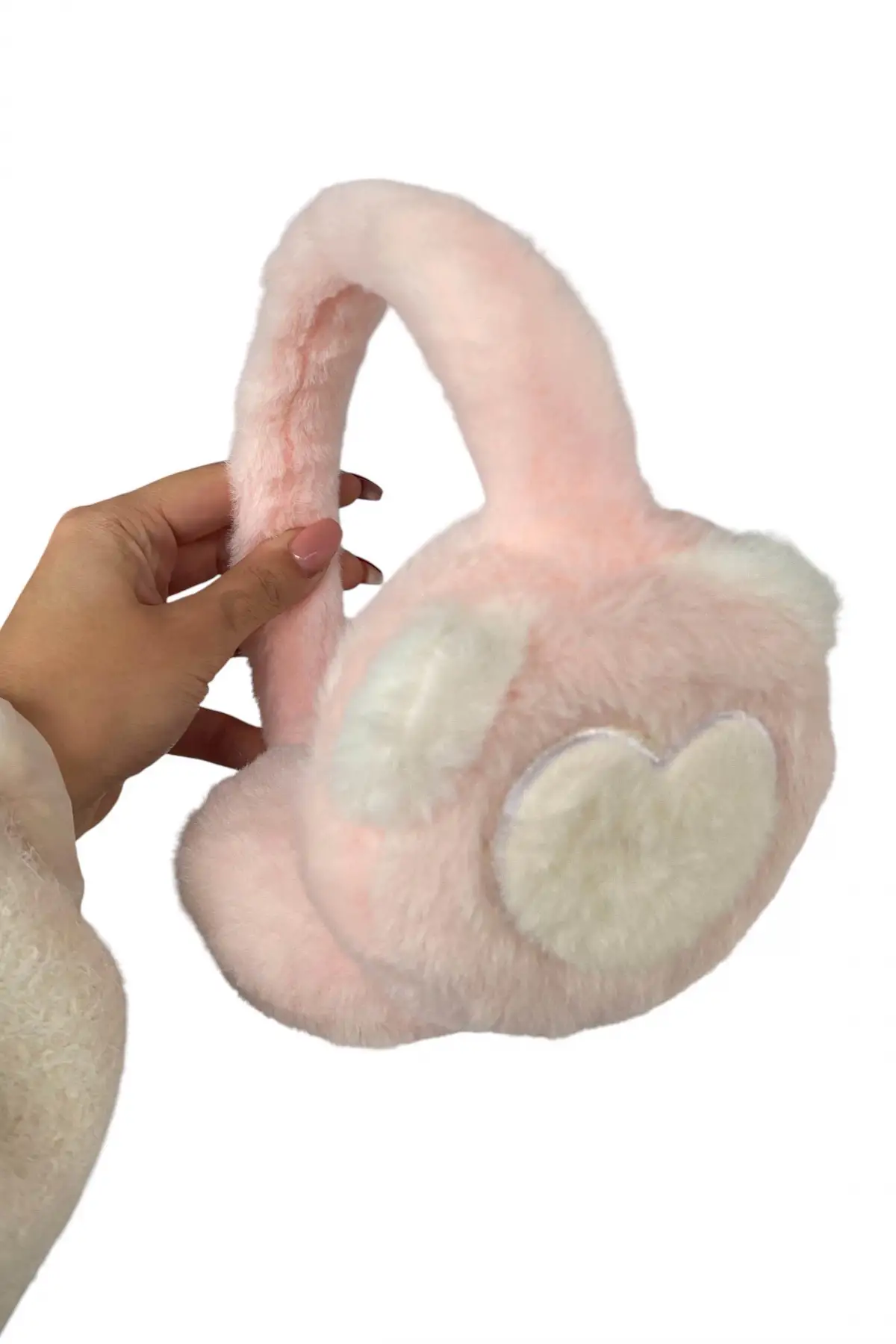 Açık Pembe Renk Kalp Figürlü Peluş Kulaklık