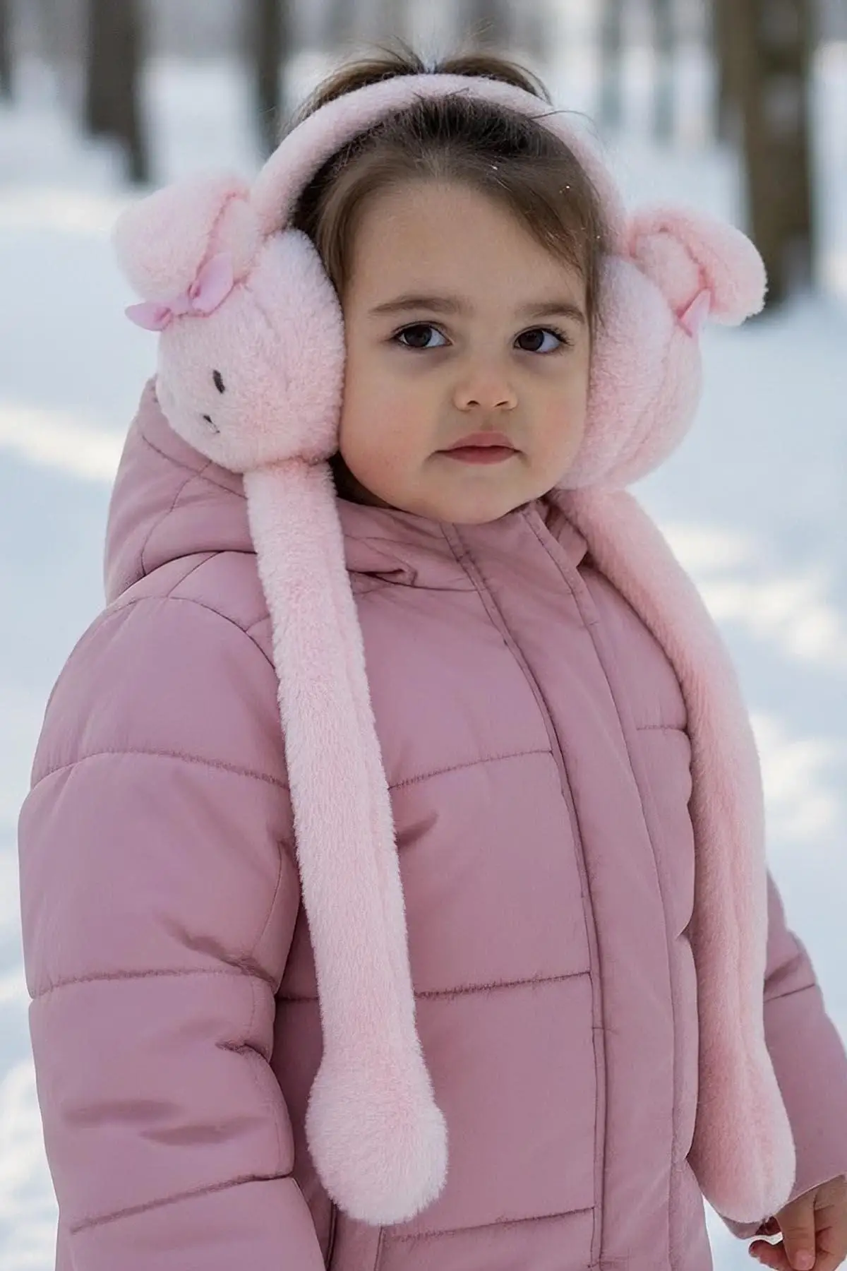 Açık Pembe Renk Tavşan Figürlü Kulakları Oynayan Peluş Kulaklık