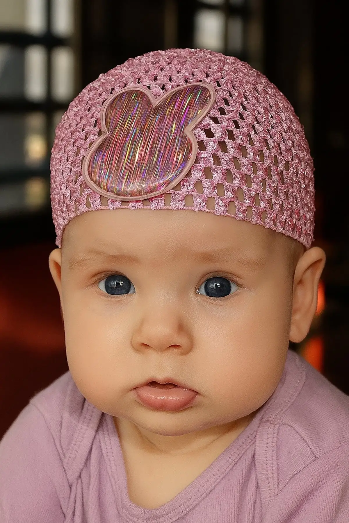 Açık Pembe Renk Tavşan Figürlü Örgü Detaylı Bebek Saç Bandı/ Saç Bonesi