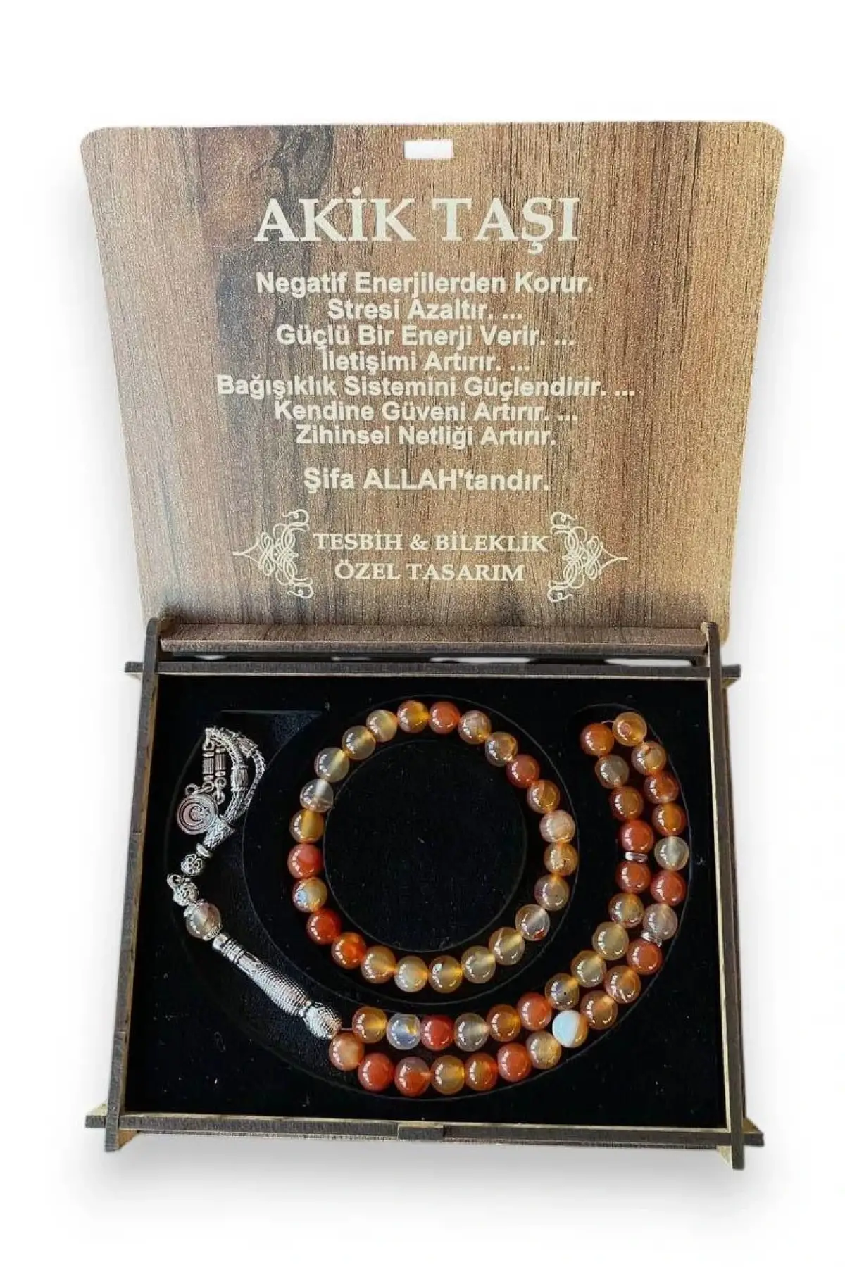 Ahşap Kutuda Akik Taşı Seti Tesbih / Bileklik