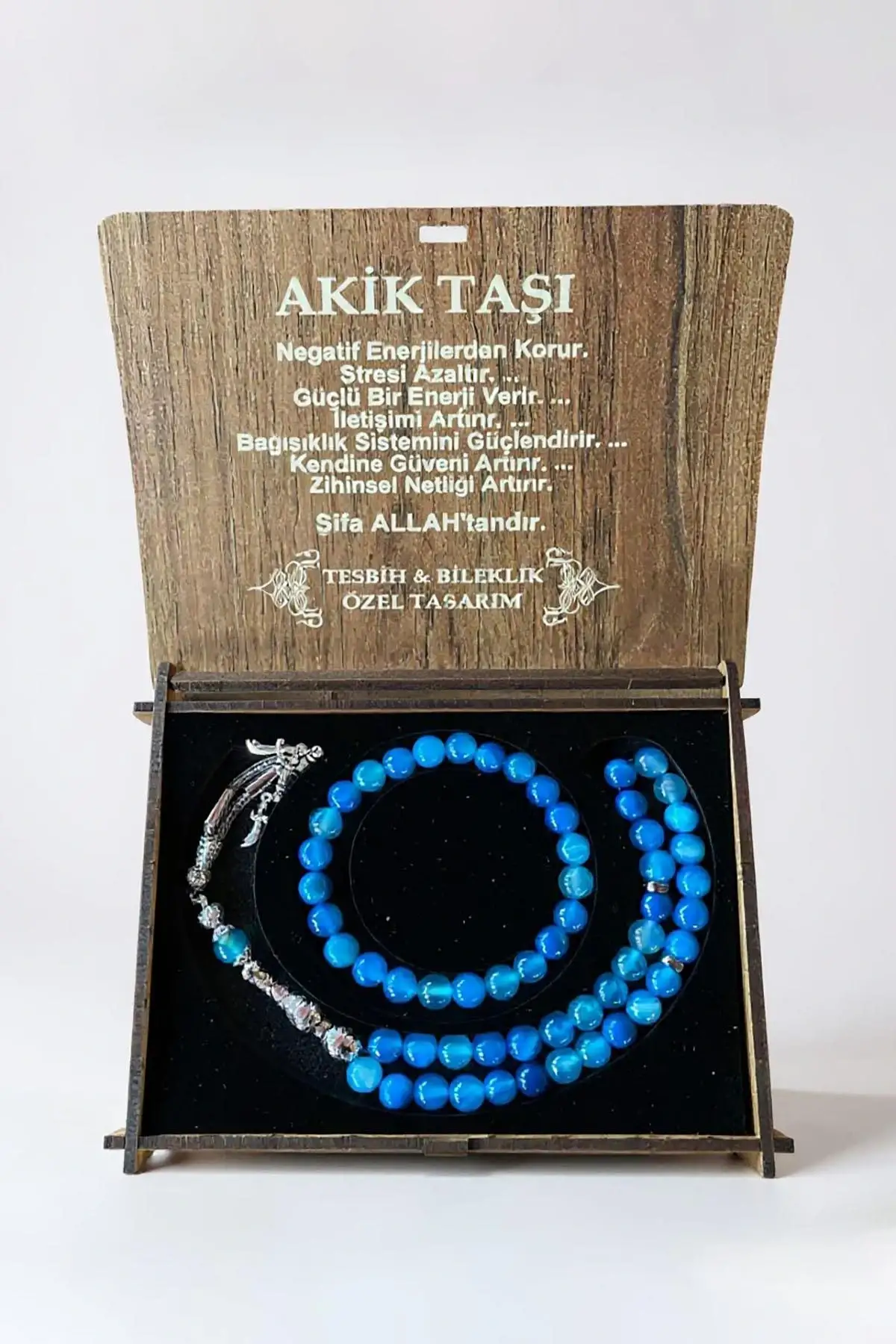 Ahşap Kutuda Akik Taşı Seti Tesbih / Bileklik