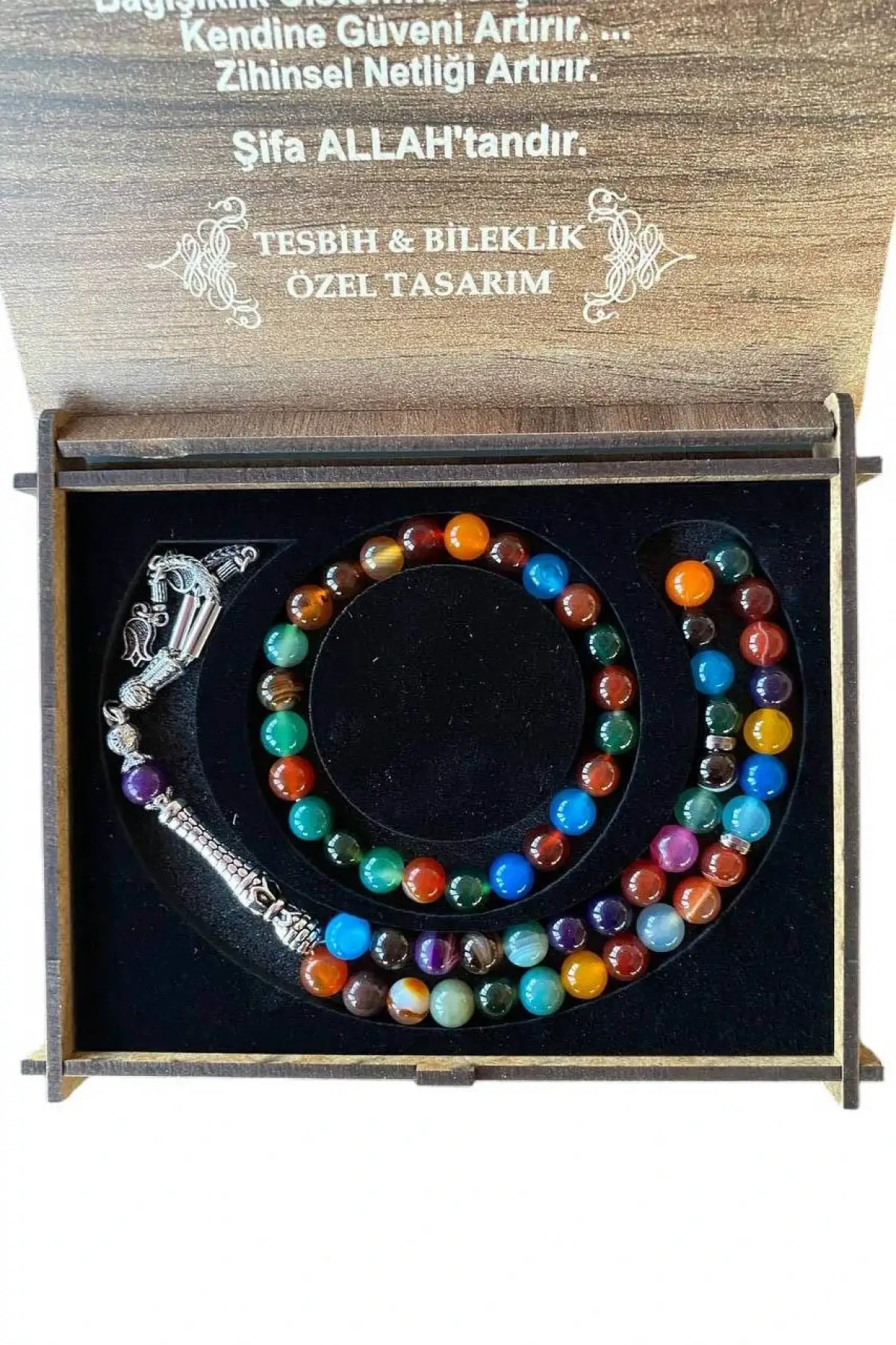 Ahşap Kutuda Akik Taşı Seti Tesbih / Bileklik