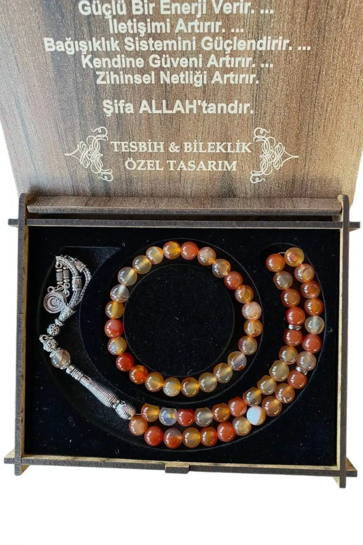 Ahşap Kutuda Akik Taşı Seti Tesbih / Bileklik