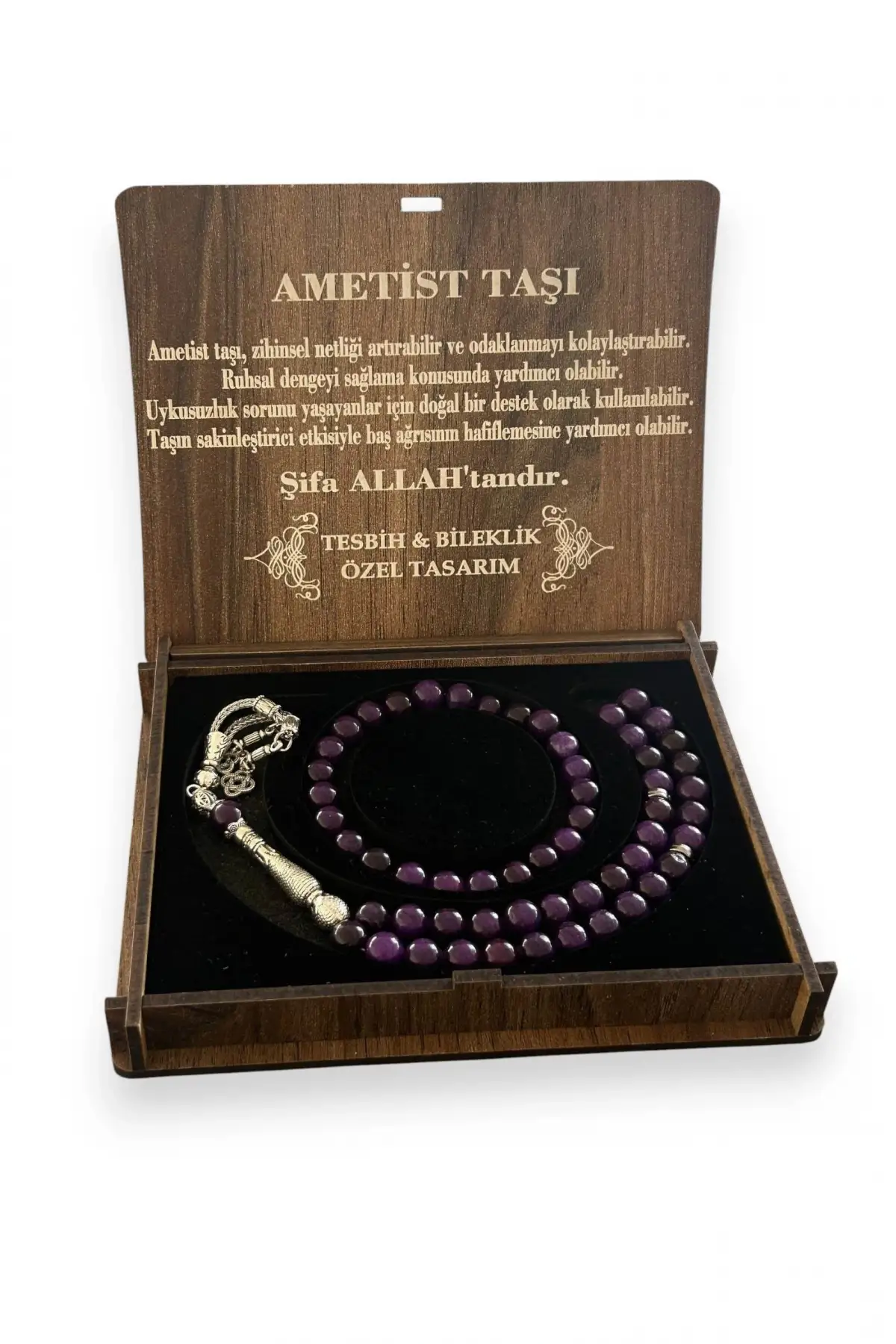 Ahşap Kutuda Ametist Taşı Seti Tesbih / Bileklik