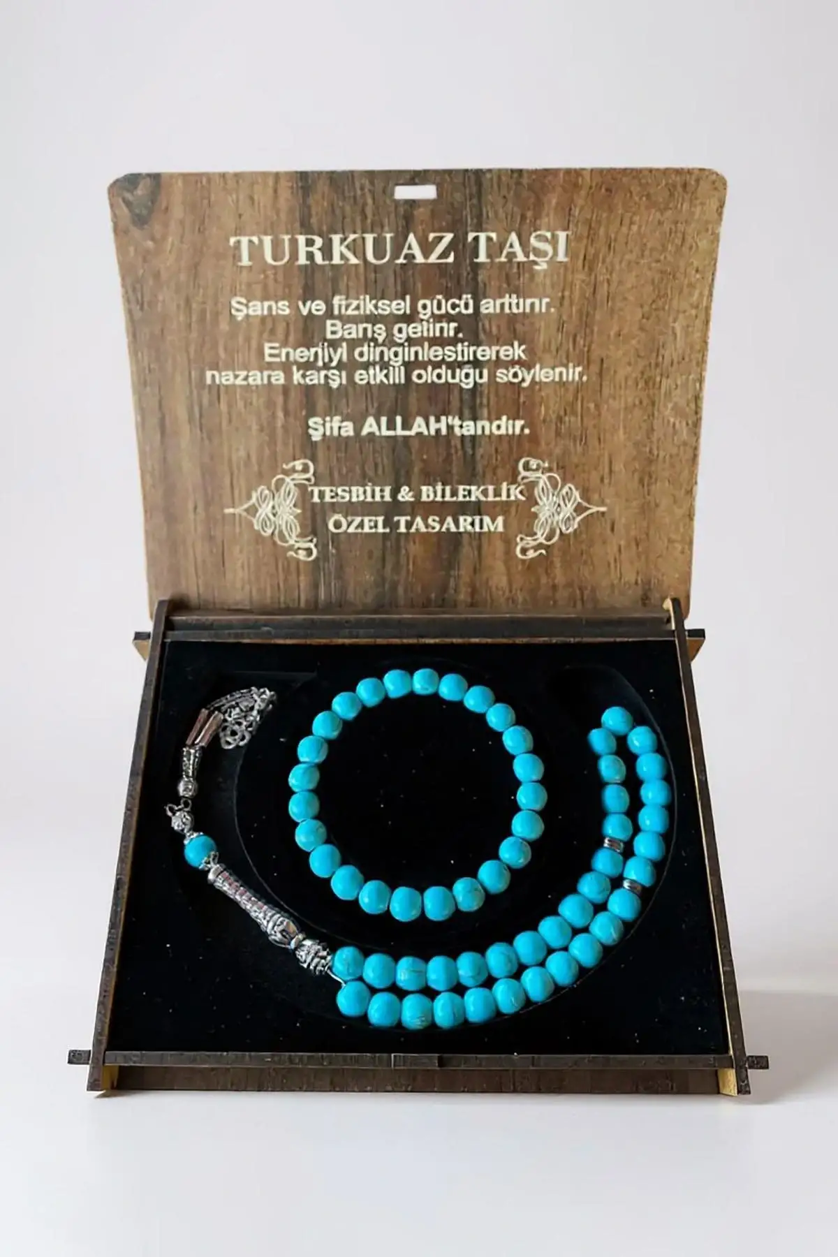 Ahşap Kutuda Turkuaz Taşı Seti Tesbih / Bileklik
