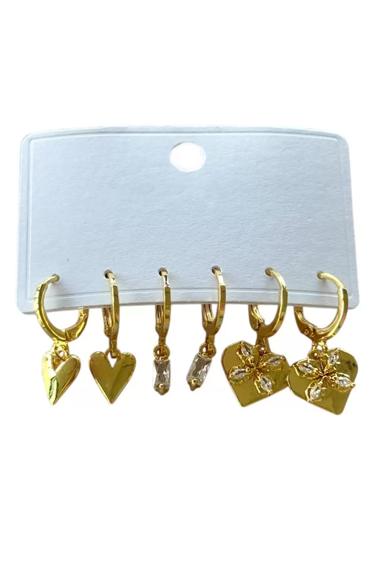 Altın Renk 6lı Kalp Detaylı Küpe Set