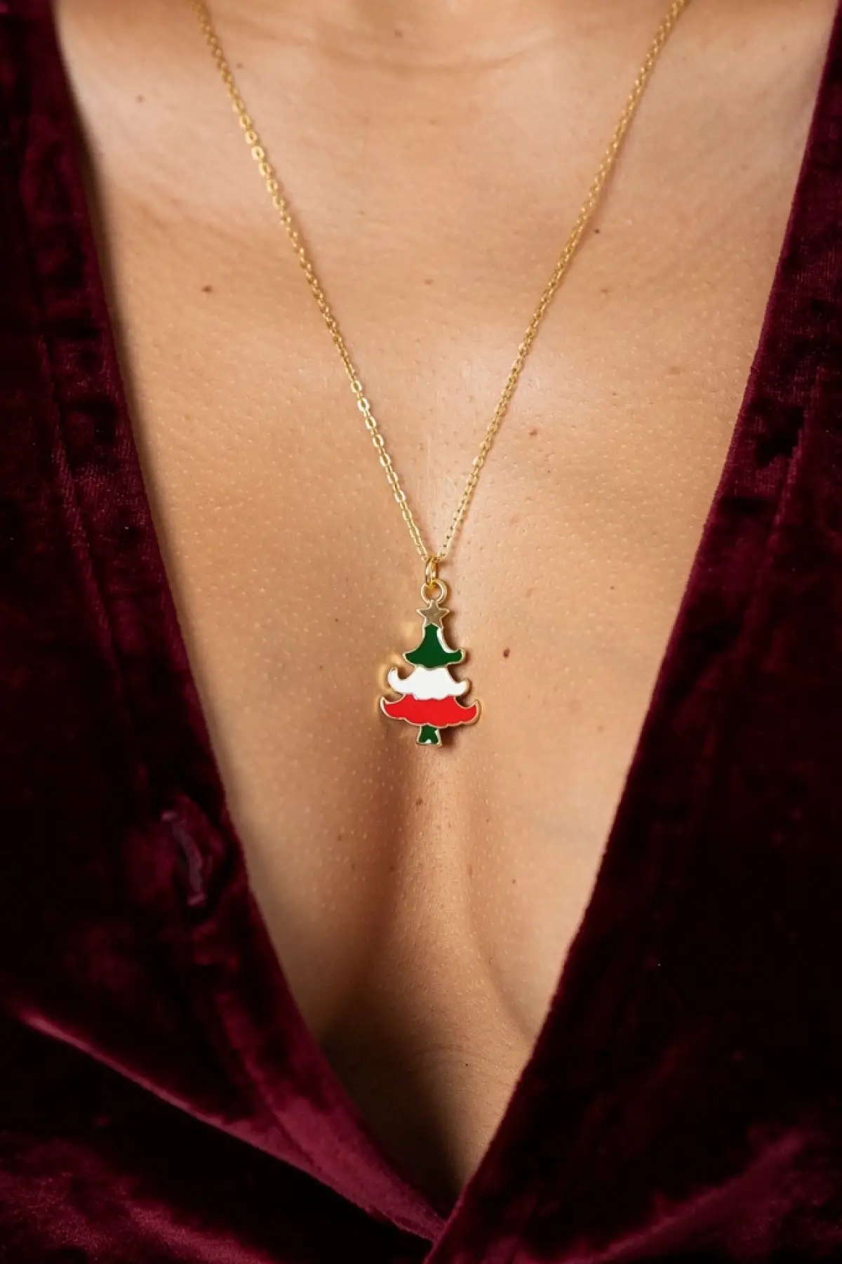 Altın Renk Ağaç Figürlü Çelik Yılbaşı Kolyesi