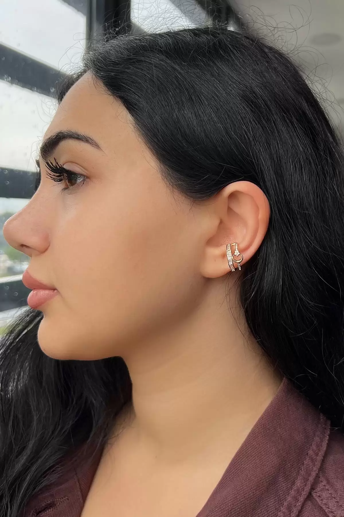 Altın Renk Ay Figürlü Taş Detaylı Ear Cuff Küpe (Tek)