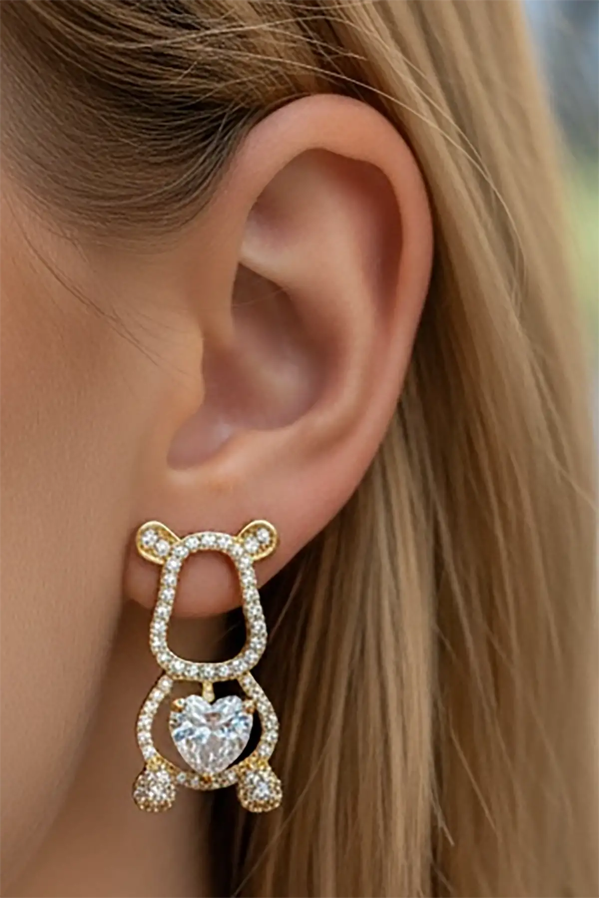 Altın Renk Ayıcık Figürlü Taş Detaylı 14K Altın Kaplama Küpe (Çift)