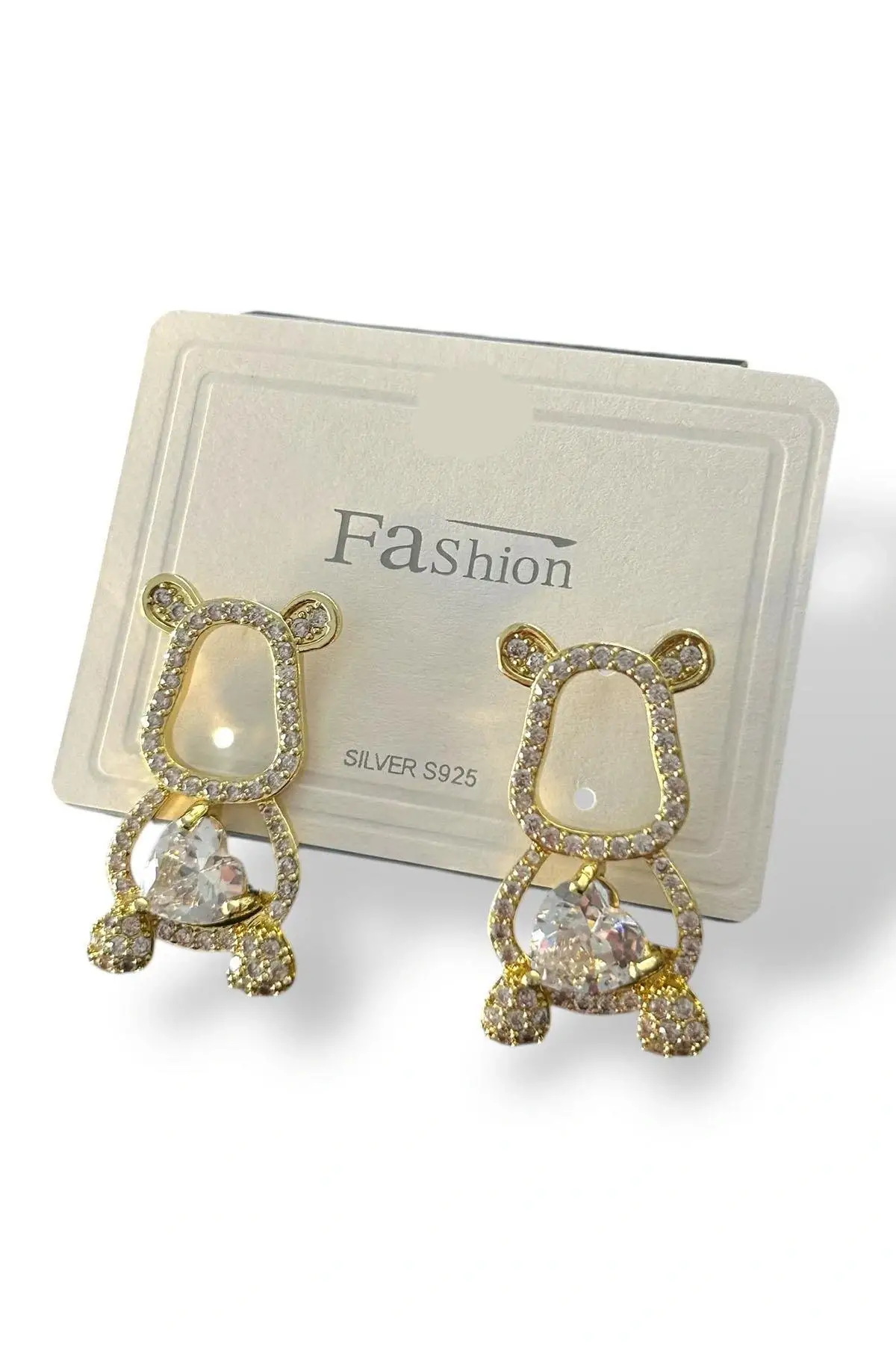 Altın Renk Ayıcık Figürlü Taş Detaylı 14K Altın Kaplama Küpe (Çift)