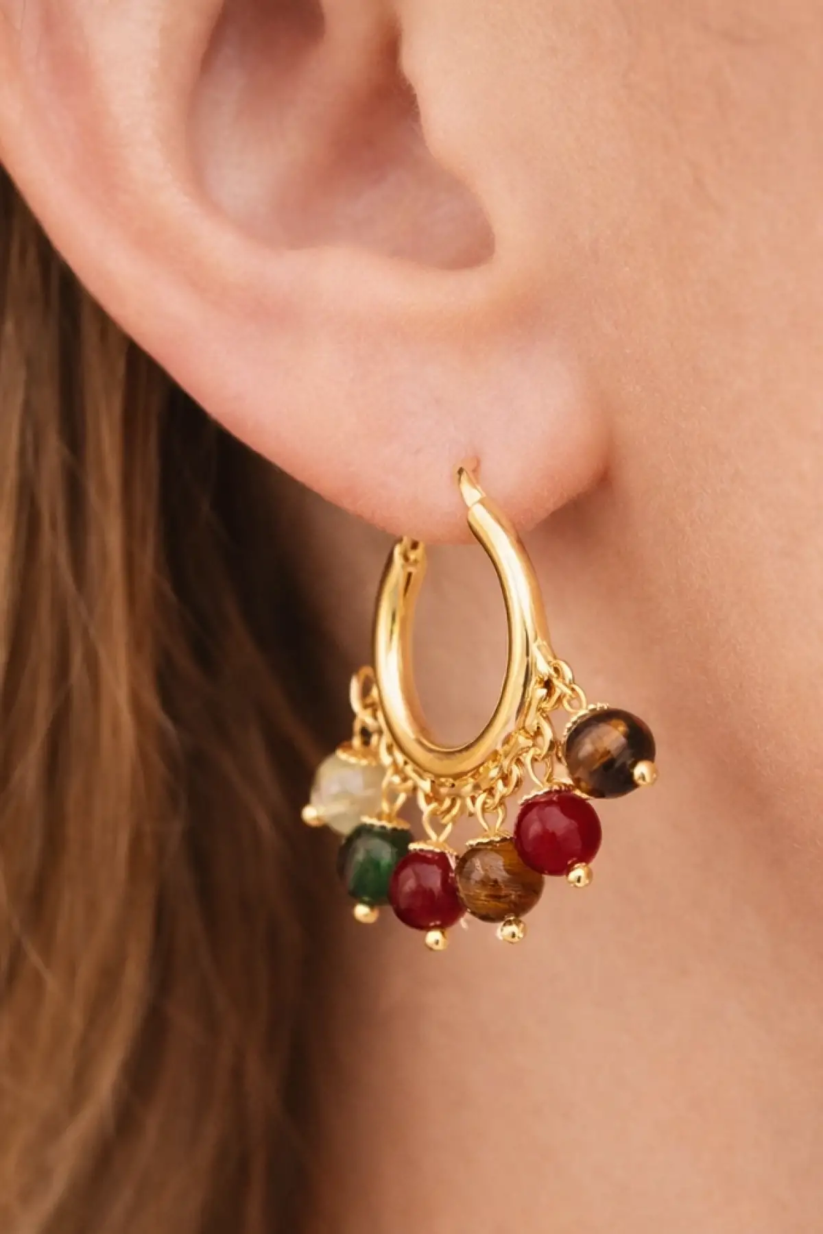 Altın Renk Boncuk Detaylı Küpe (Çift)