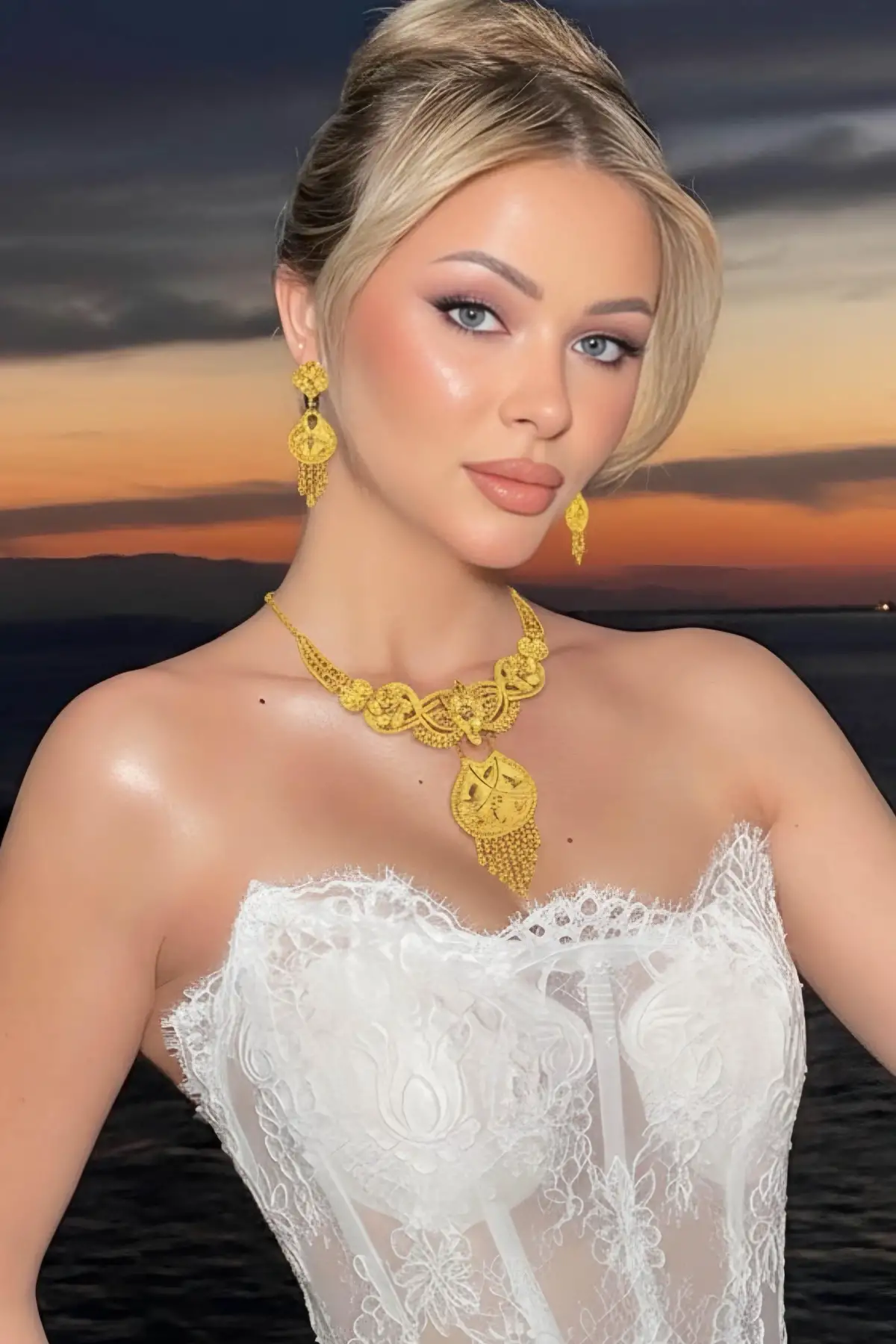 Altın Renk Çelik Kolye, Küpe, Bileklik, Yüzük Düğün Kına Nişan Gelin Seti