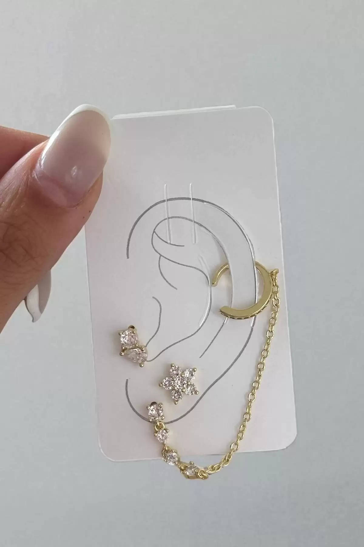 Altın Renk Çiçek Figürlü İkili Ear Cuff Küpe Set