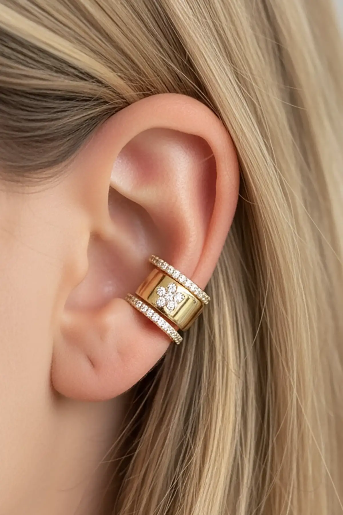 Altın Renk Çiçek Figürlü Taş Detaylı 14K Altın Kaplama TX Ear Cuff (Tek)