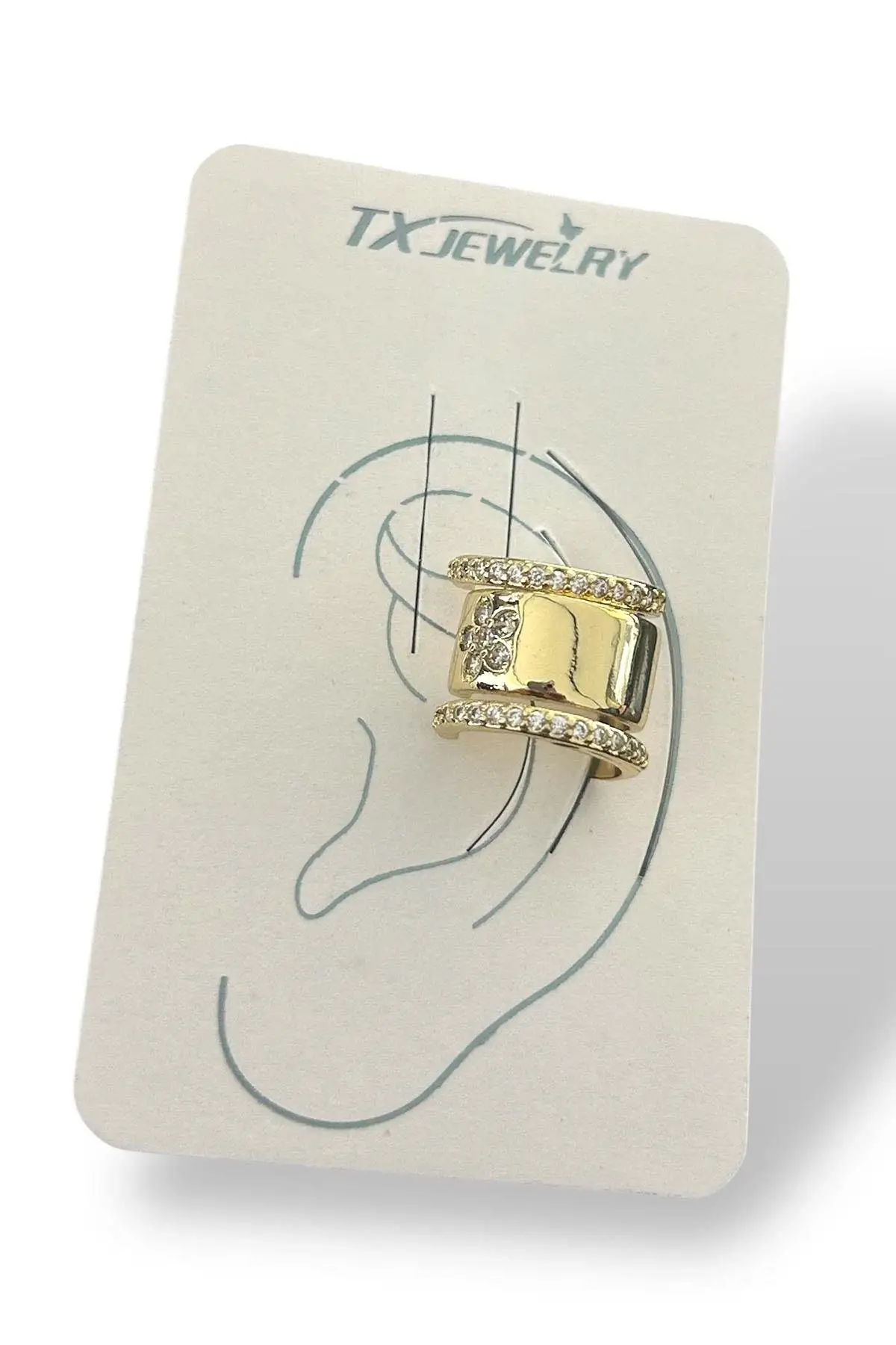 Altın Renk Çiçek Figürlü Taş Detaylı 14K Altın Kaplama TX Ear Cuff (Tek)