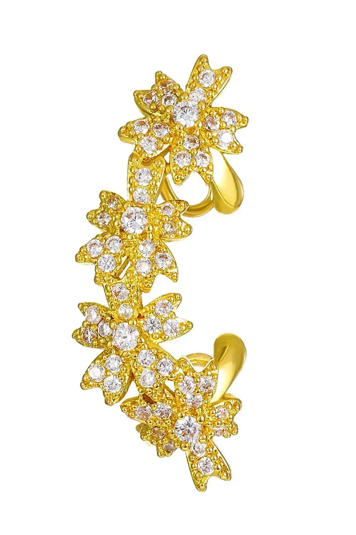 Altın Renk Çiçek Figürlü Taş Detaylı Ear Cuff (Tek)