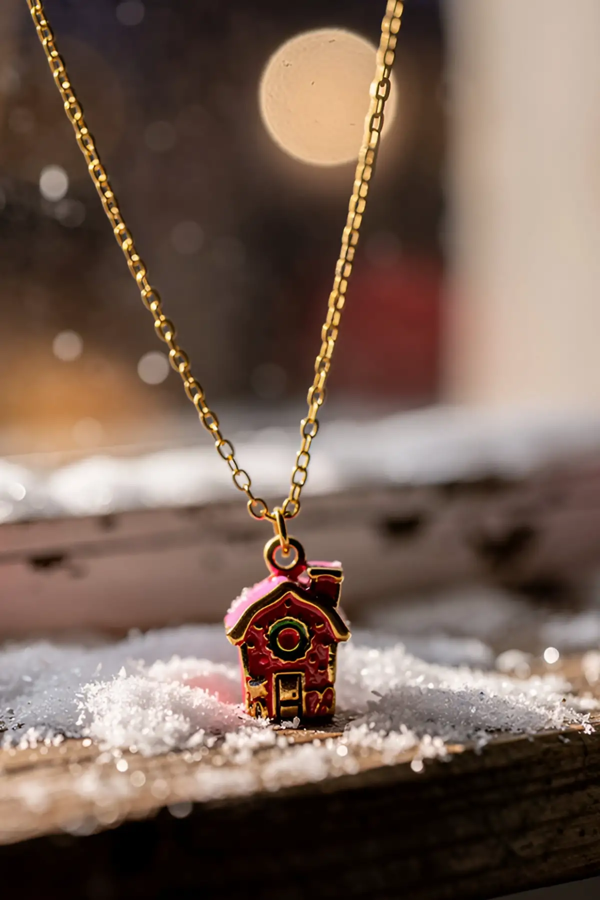 Altın Renk Ev Figürlü Çelik Yılbaşı Kolyesi