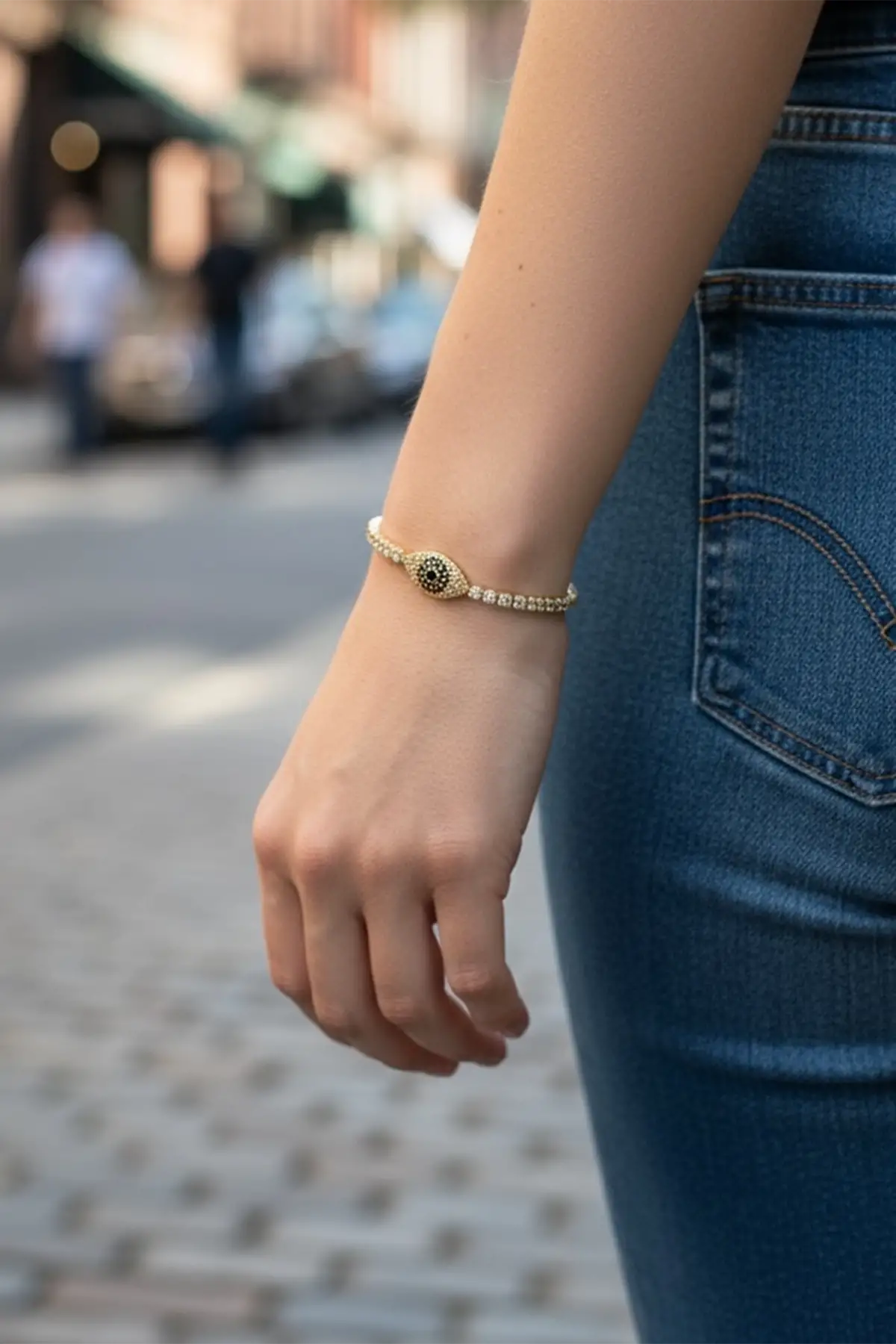 Altın Renk Göz Detaylı Taşlı 14K Altın Kaplama Tx Bileklik