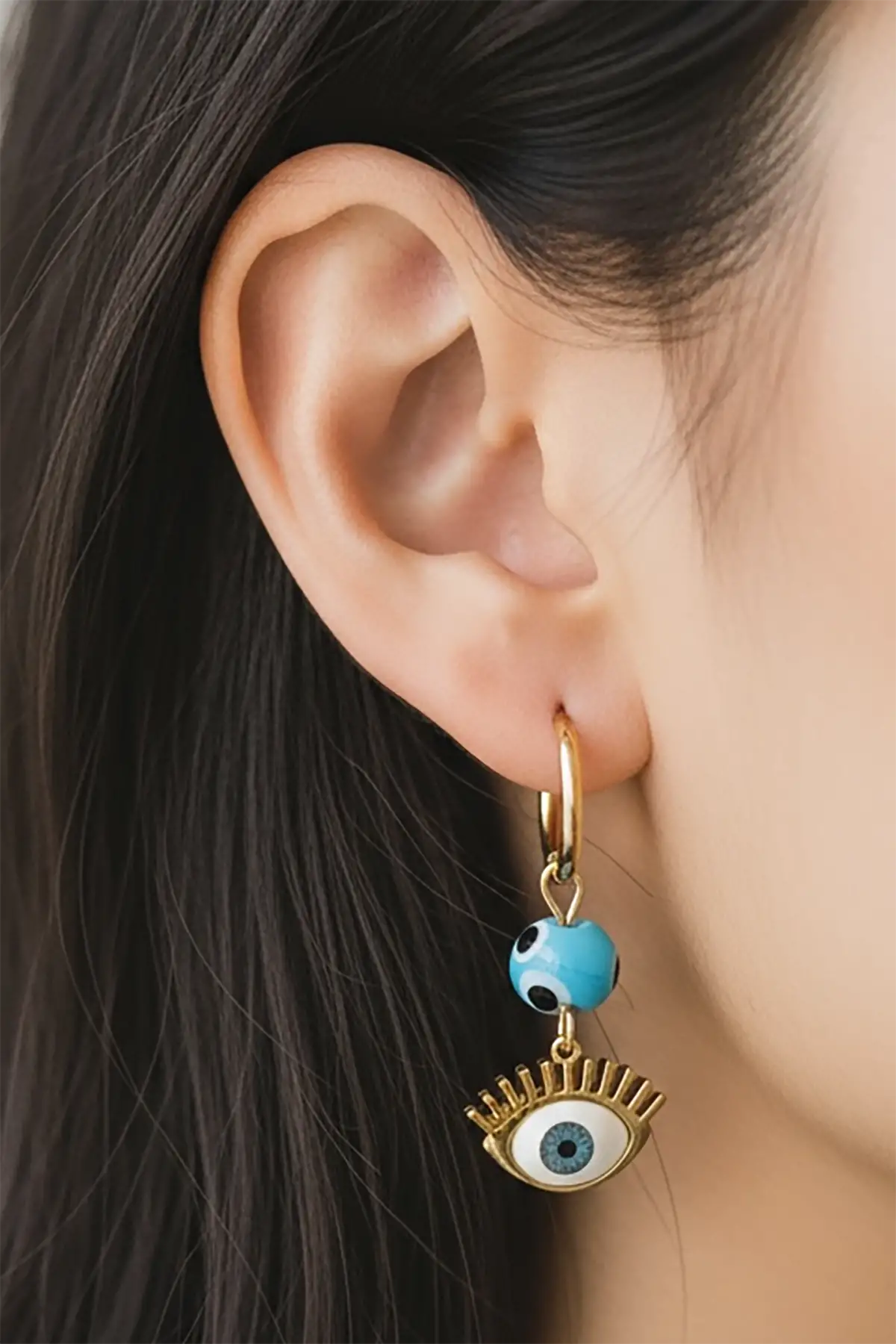 Altın Renk Göz Figürlü Çelik Küpe (Çift)