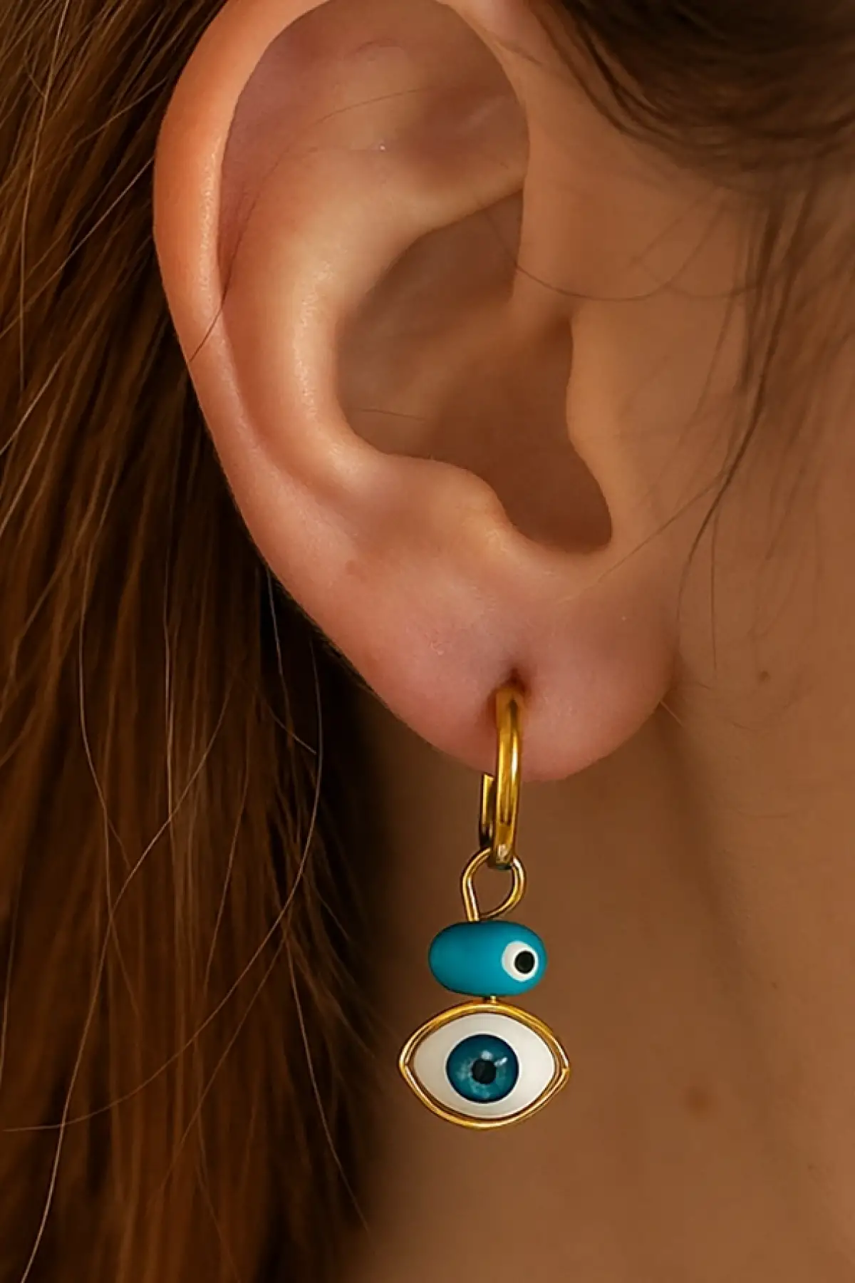 Altın Renk Göz Figürlü Çelik Küpe (Çift)