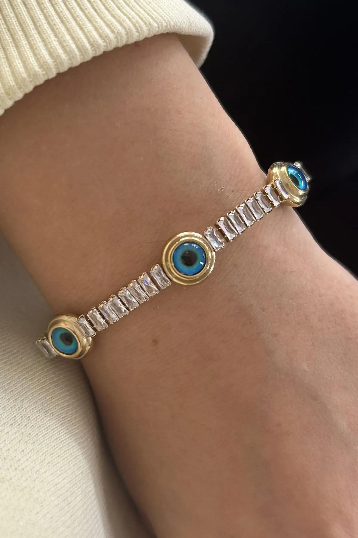 Altın Renk Göz Figürlü Çelik Su Yolu Bileklik