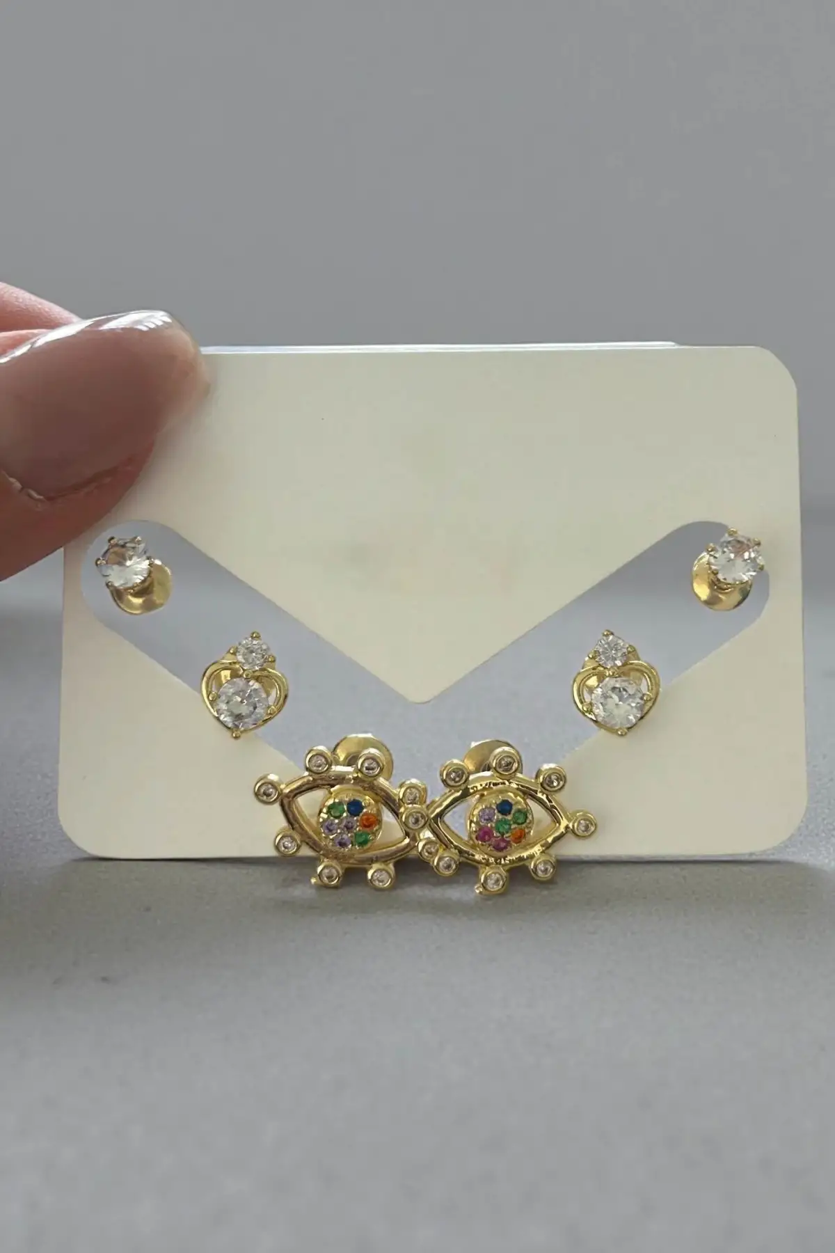 Altın Renk Göz Figürlü Taş Detaylı 6lı Küpe Set