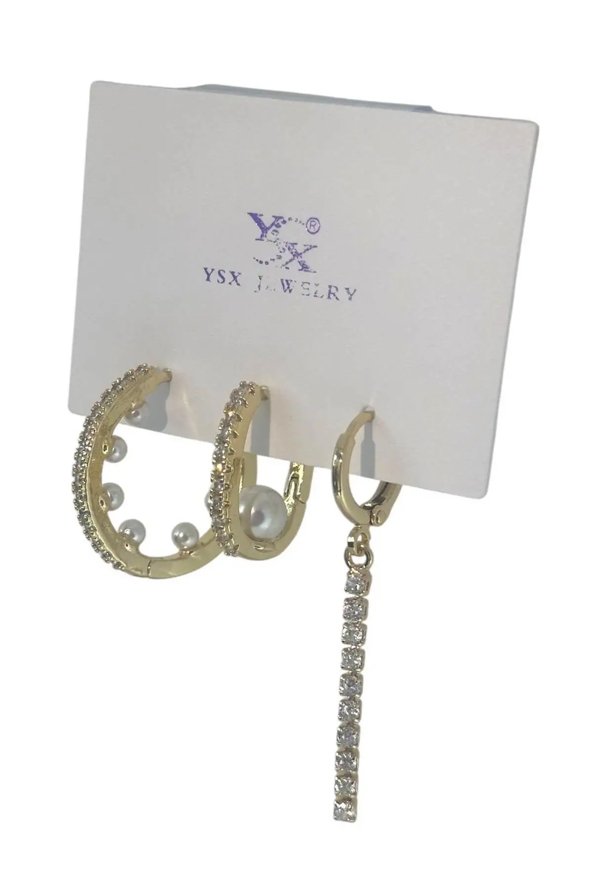Altın Renk İnci Detaylı 3lü YSX Küpe Set