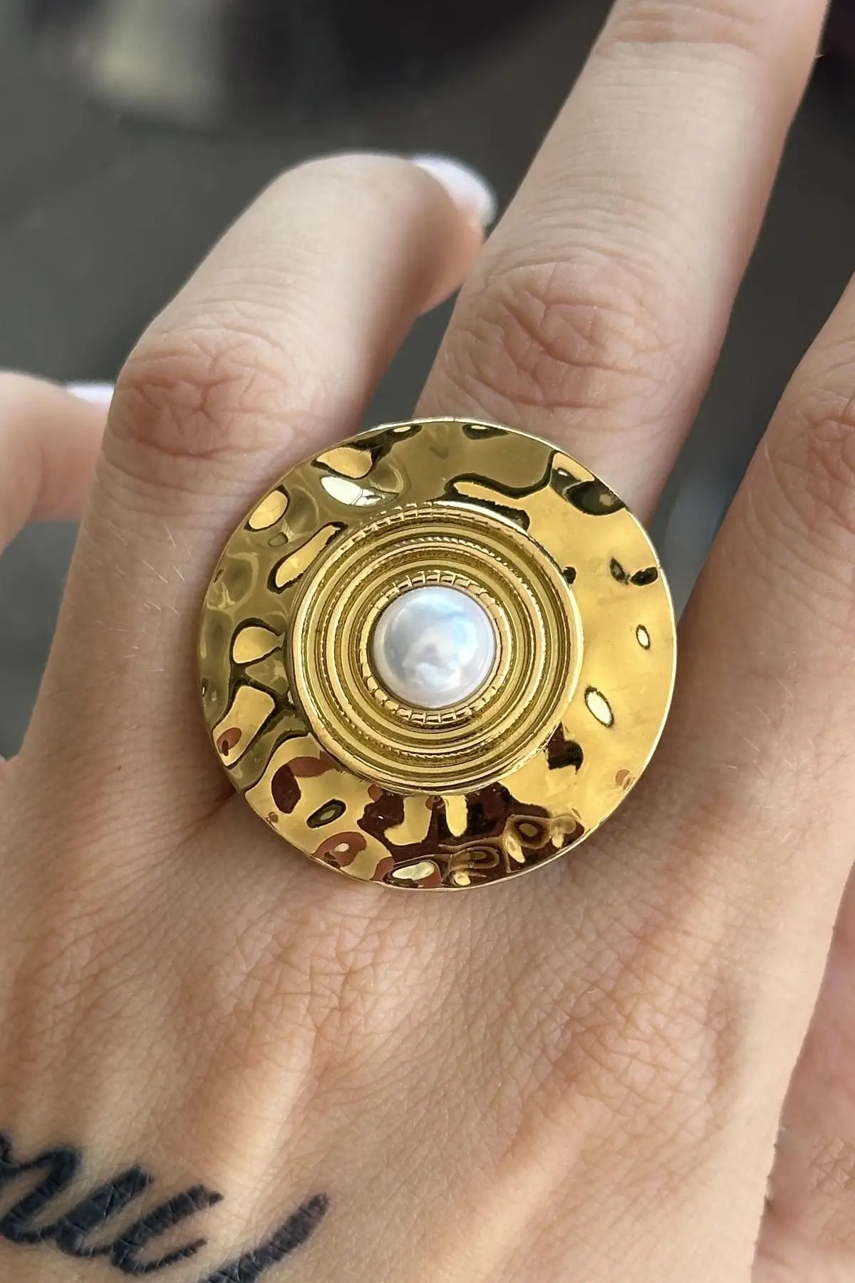 Altın Renk İnci Detaylı Ayarlanabilir Çelik Yüzük