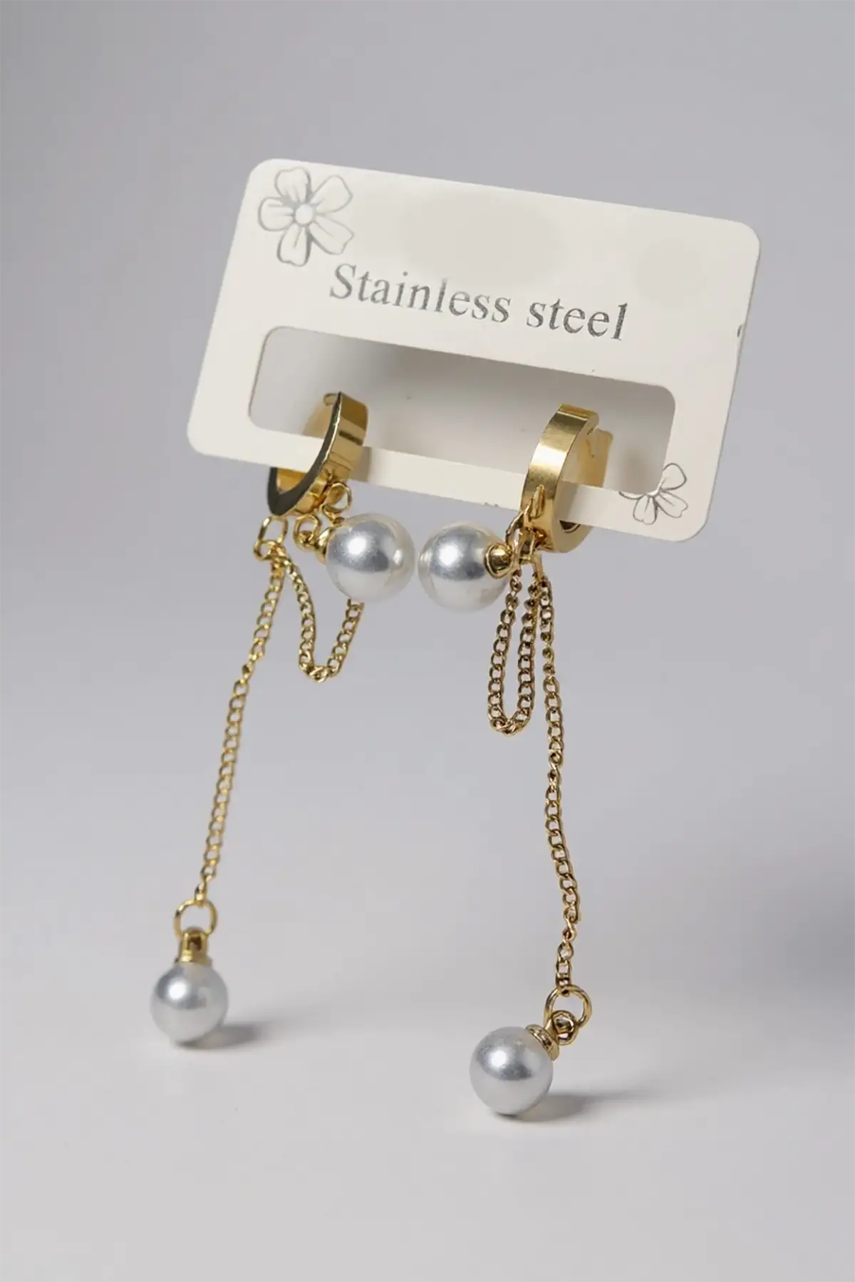 Altın Renk İnci Detaylı  Çelik Küpe (Çift)