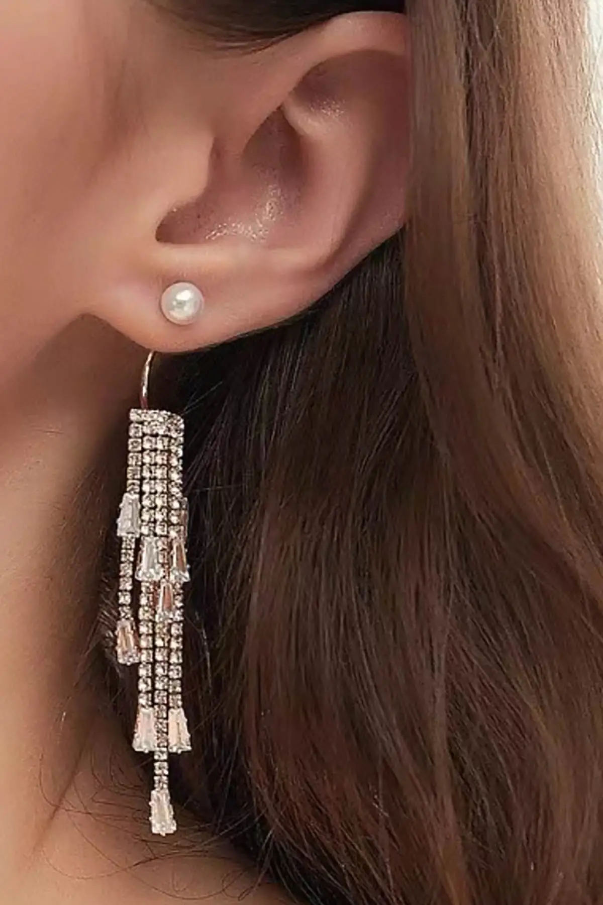 Altın Renk İnci Detaylı Taşlı Küpe (Çift)