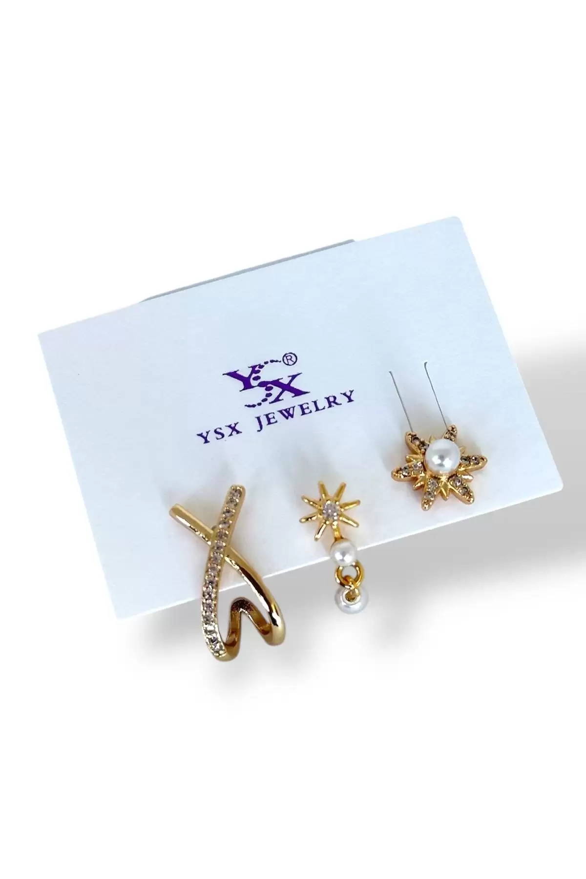 Altın Renk İnci Ve Taş Detaylı VİP 3lü YSX Küpe Set