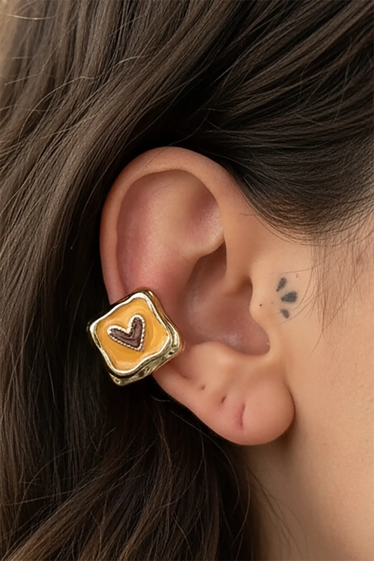 Altın Renk Kalp Figürlü 14K Altın Kaplama TX Ear Cuff (Tek)