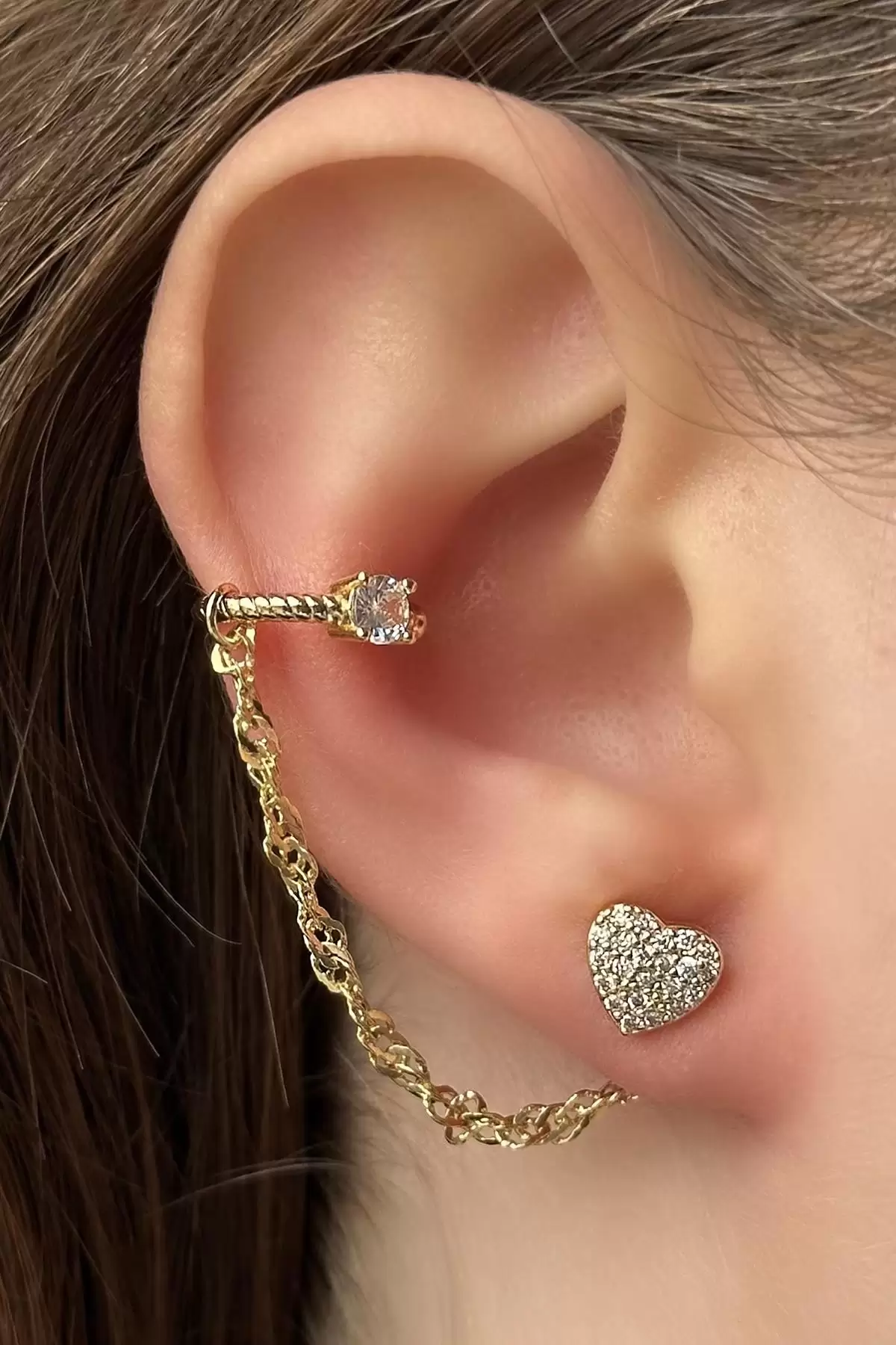 Altın Renk Kalp Figürlü İkili Ear Cuff Küpe Set