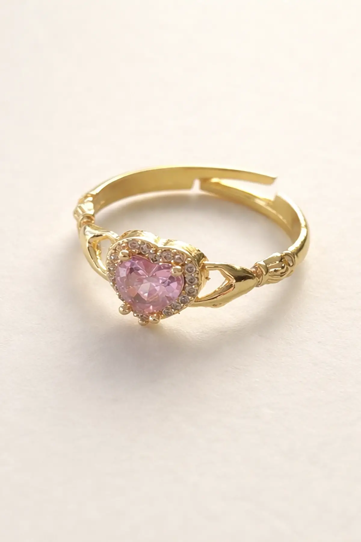 Altın Renk Kalp Figürlü Taş Detaylı Ayarlanabilir Yüzük