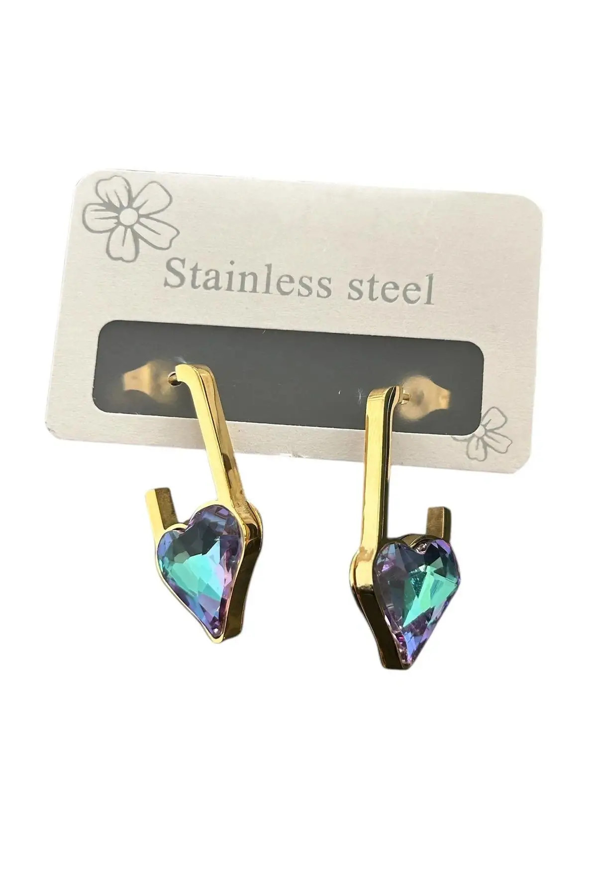 Altın Renk Kalp Figürlü Taş Detaylı Çelik Küpe (Çift)