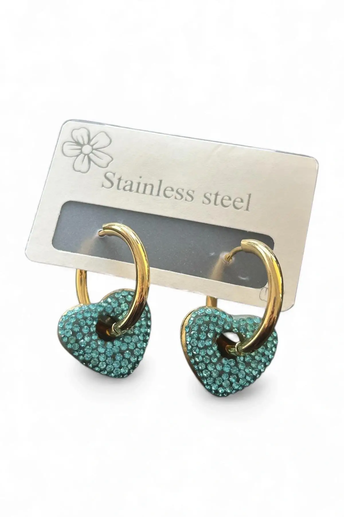 Altın Renk Kalp Figürlü Taş Detaylı Çelik Küpe (Çift)