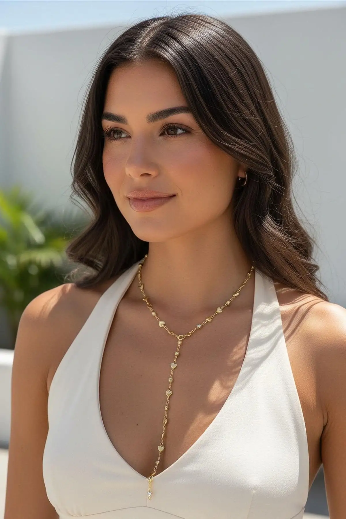 Altın Renk Kalp Figürlü Taş Detaylı Çelik Y Kolye