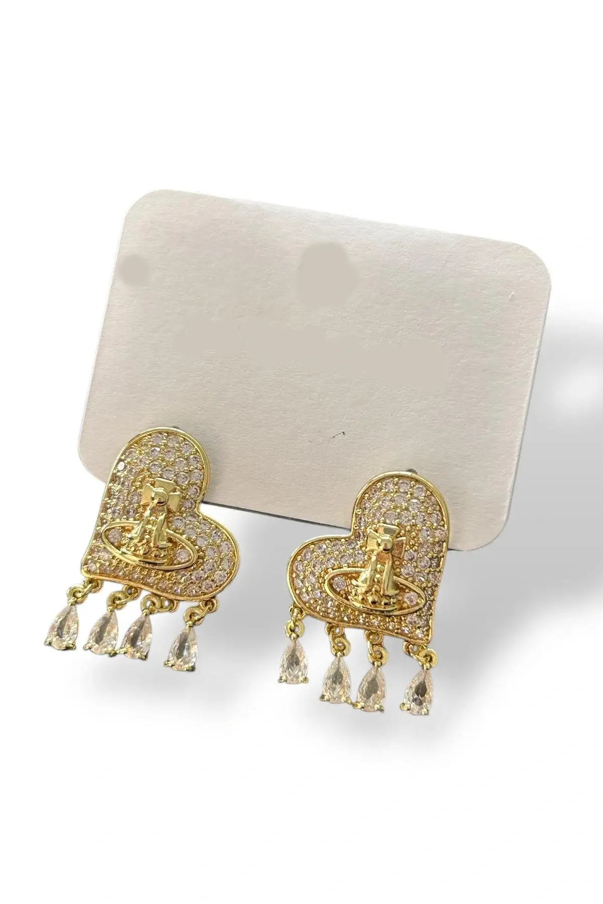 Altın Renk Kalp Figürlü Taş Detaylı Küpe (Çift)