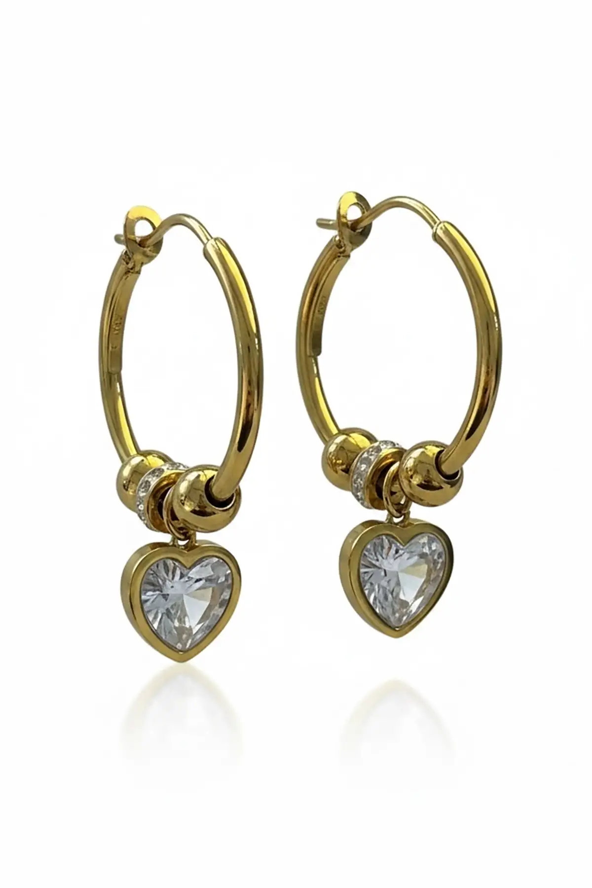 Altın Renk Kalp Figürlü Taş Detaylı Küpe (Çift)