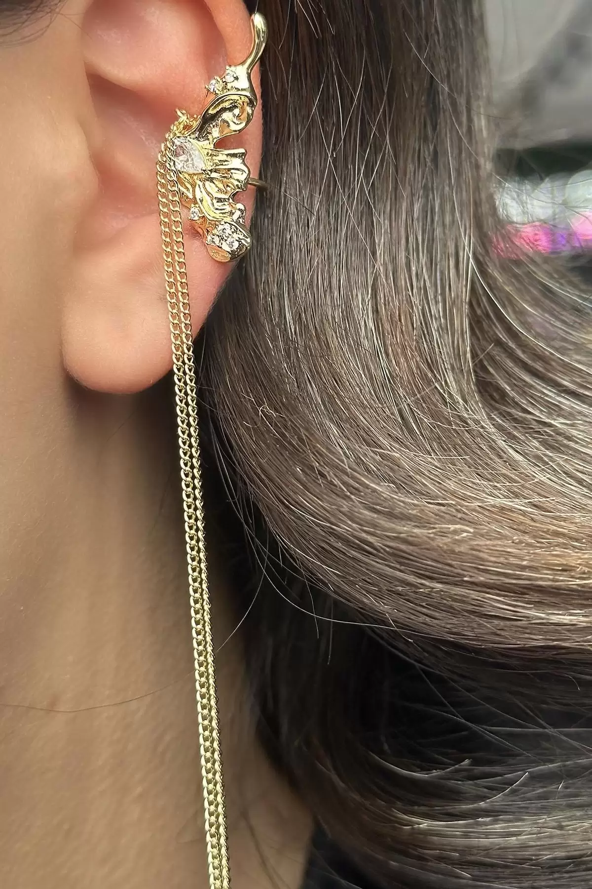Altın Renk Kanat Figürlü Ear Cuff Küpe (Tek)