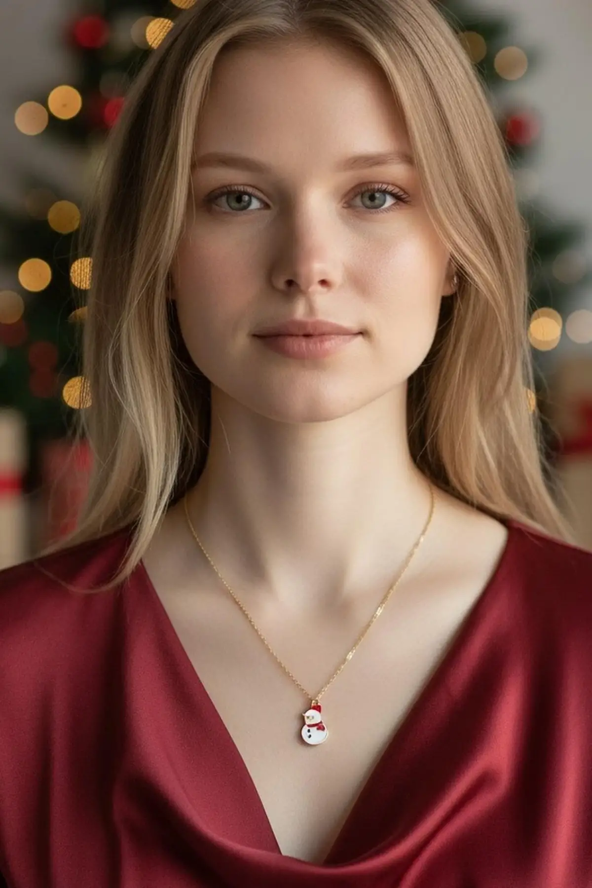 Altın Renk Kardan Adam Figürlü Çelik Yılbaşı Kolyesi