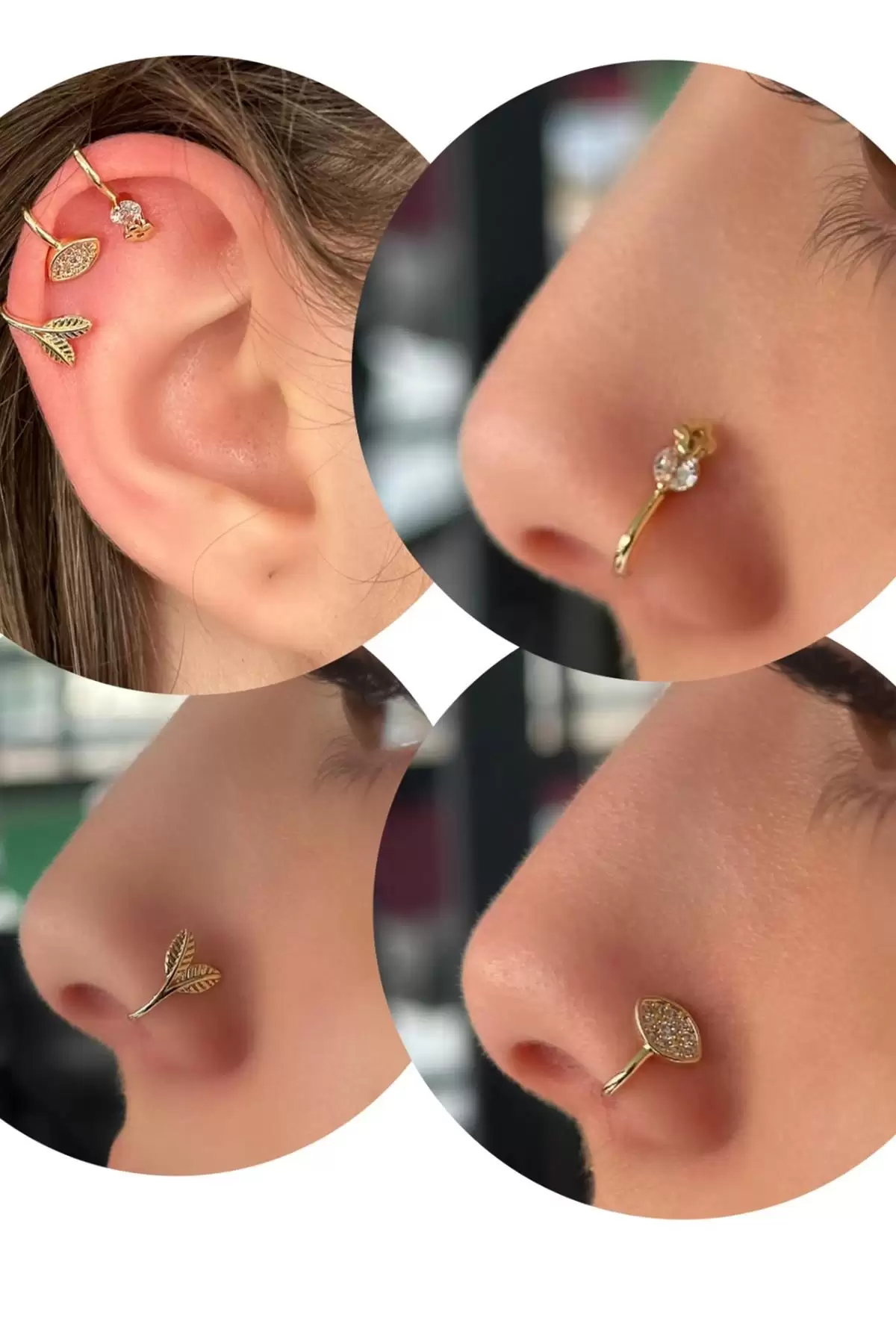 Altın Renk Karışık Figürlü Deliksiz Kulak/ Burun 3lü Piercing Set