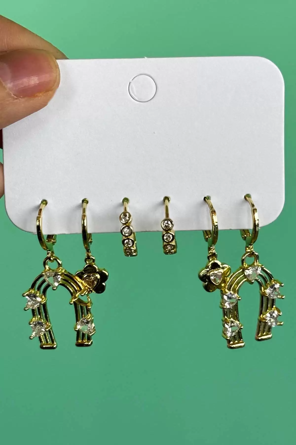 Altın Renk Karışık Figürlü Taş Detaylı 6lı Küpe Set
